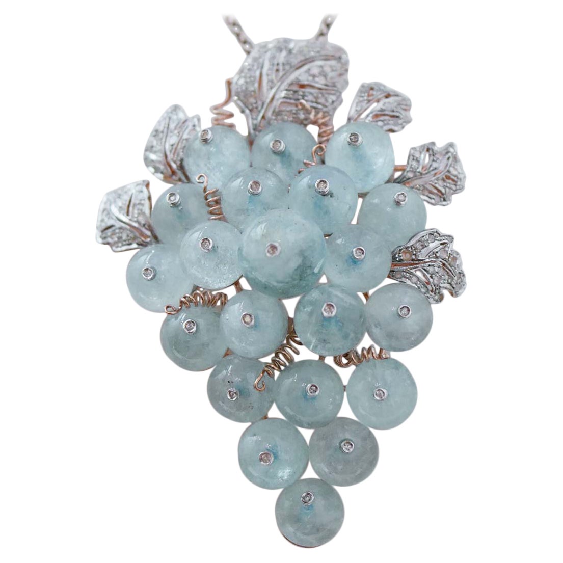 Aquamarine, Diamonds, Rose Gold and Silver Brooch. For Sale