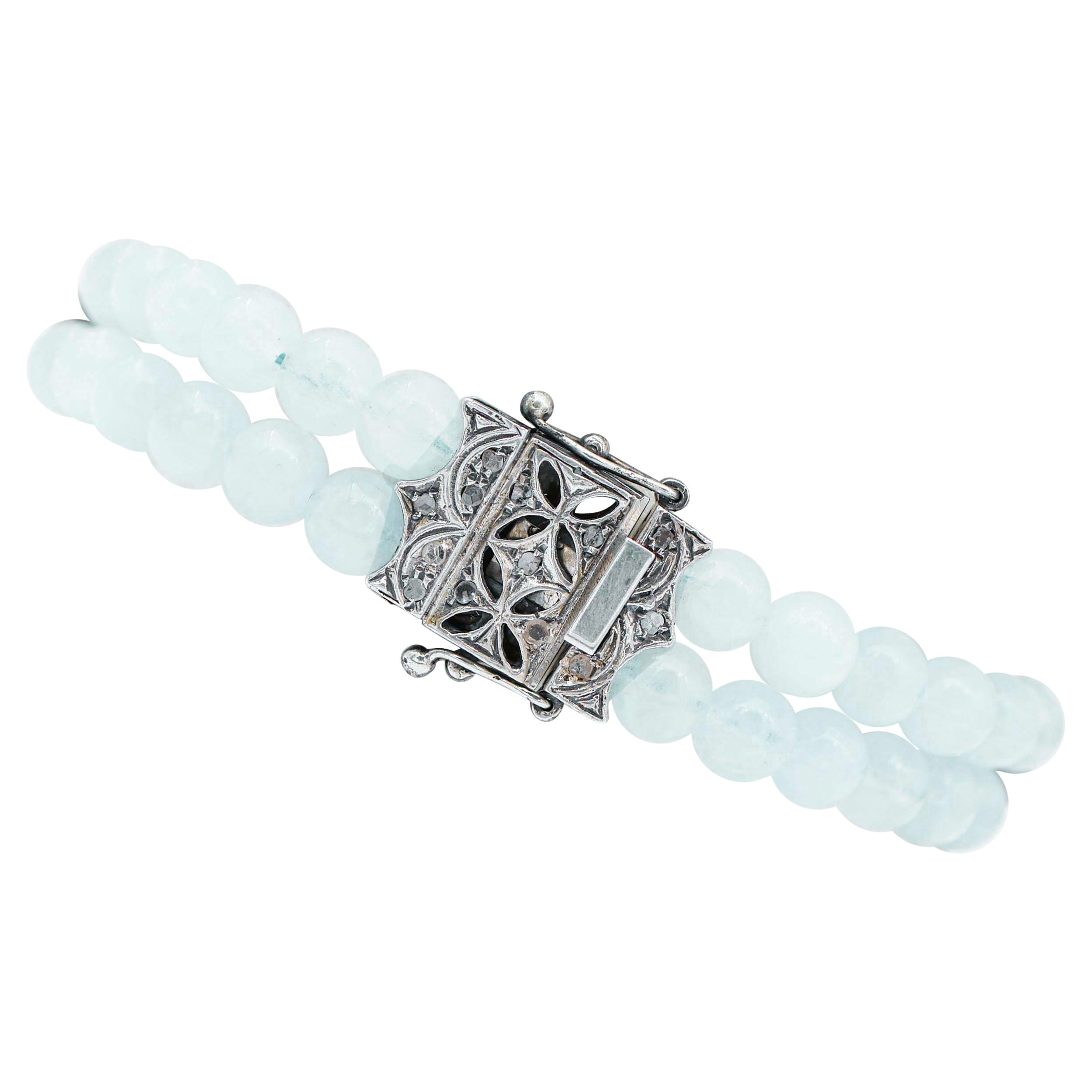 Retrò-Armband aus Aquamarin, Diamanten, Roségold und Silber