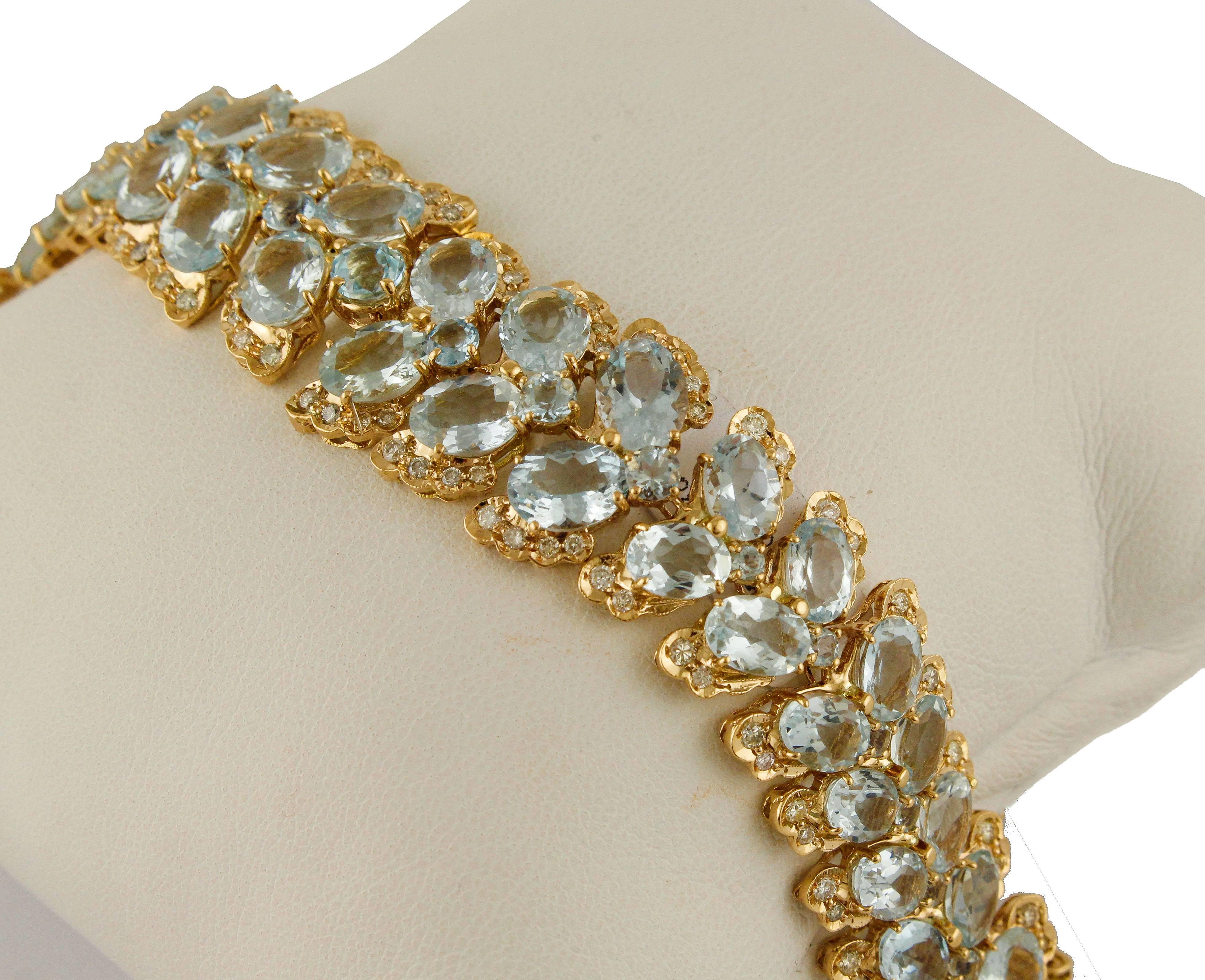 Retro Aquamarine Diamonds Rose Gold Link Bracelet For Sale