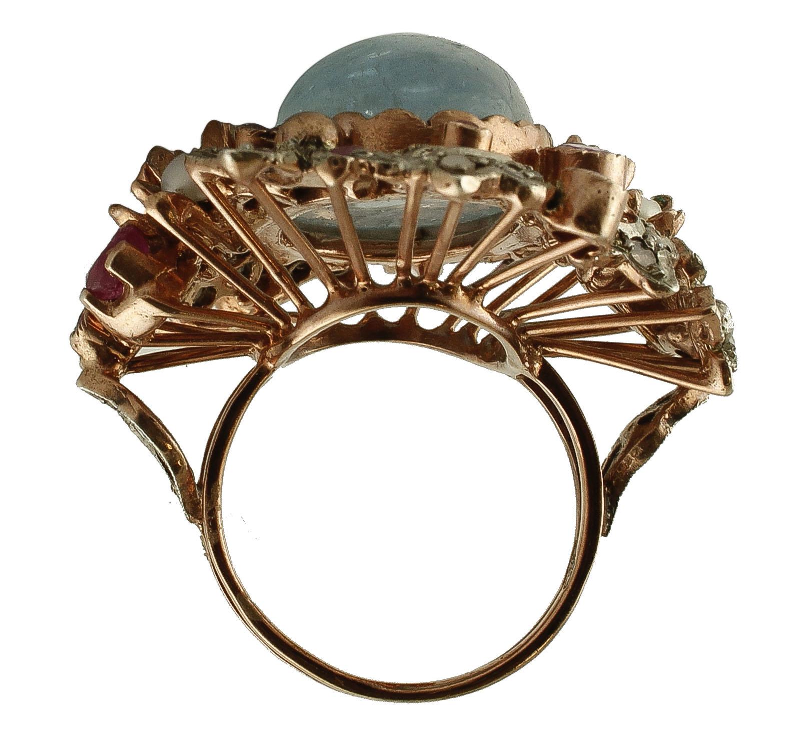 Aquamarine Diamond Ruby Pearls Rose Gold and Silver Cocktail Ring In Excellent Condition In Marcianise, Marcianise (CE)