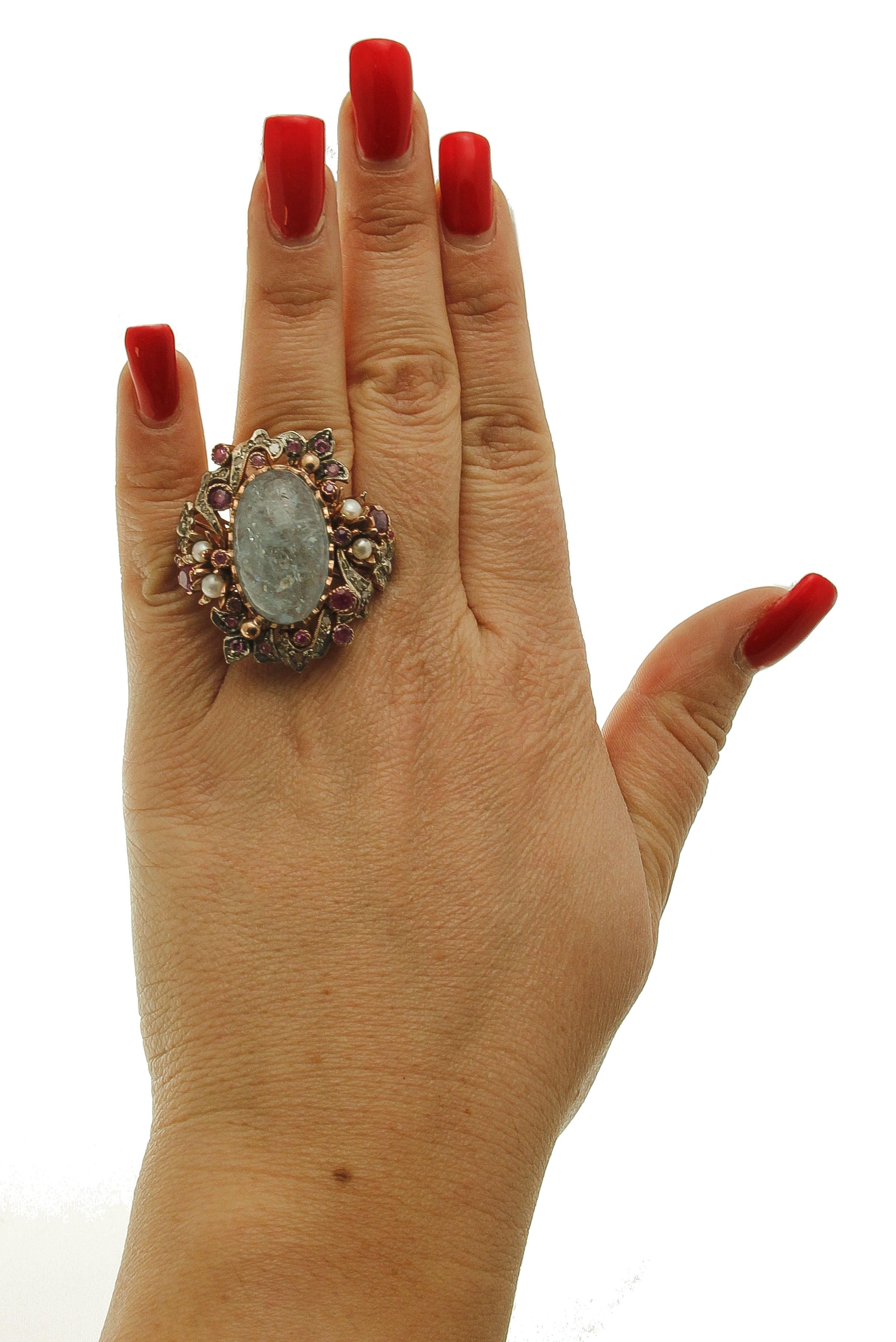 Women's Aquamarine Diamond Ruby Pearls Rose Gold and Silver Cocktail Ring