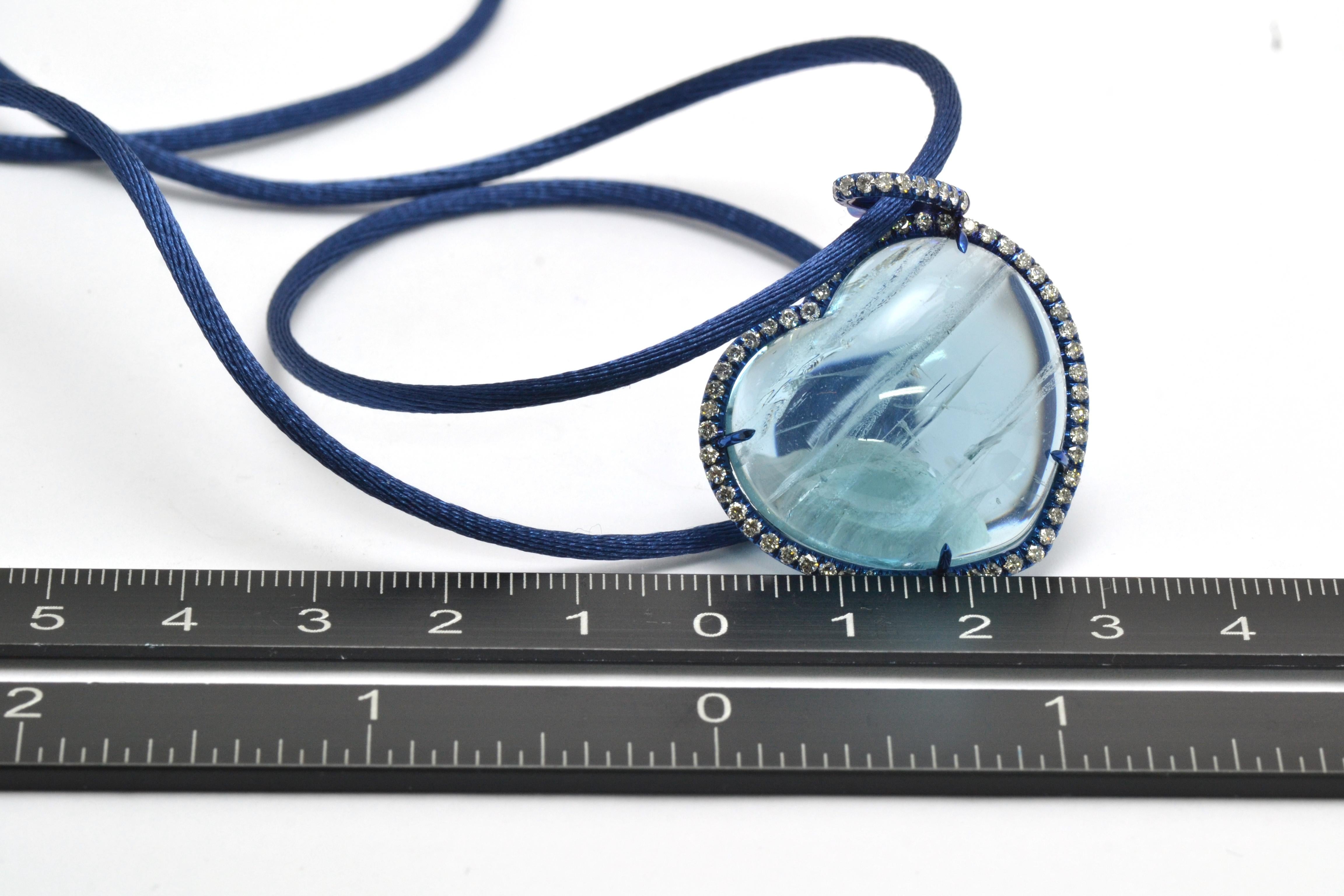 Contemporary Aquamarine Diamonds Titanium 18 Kt White Gold Heart Necklace For Sale