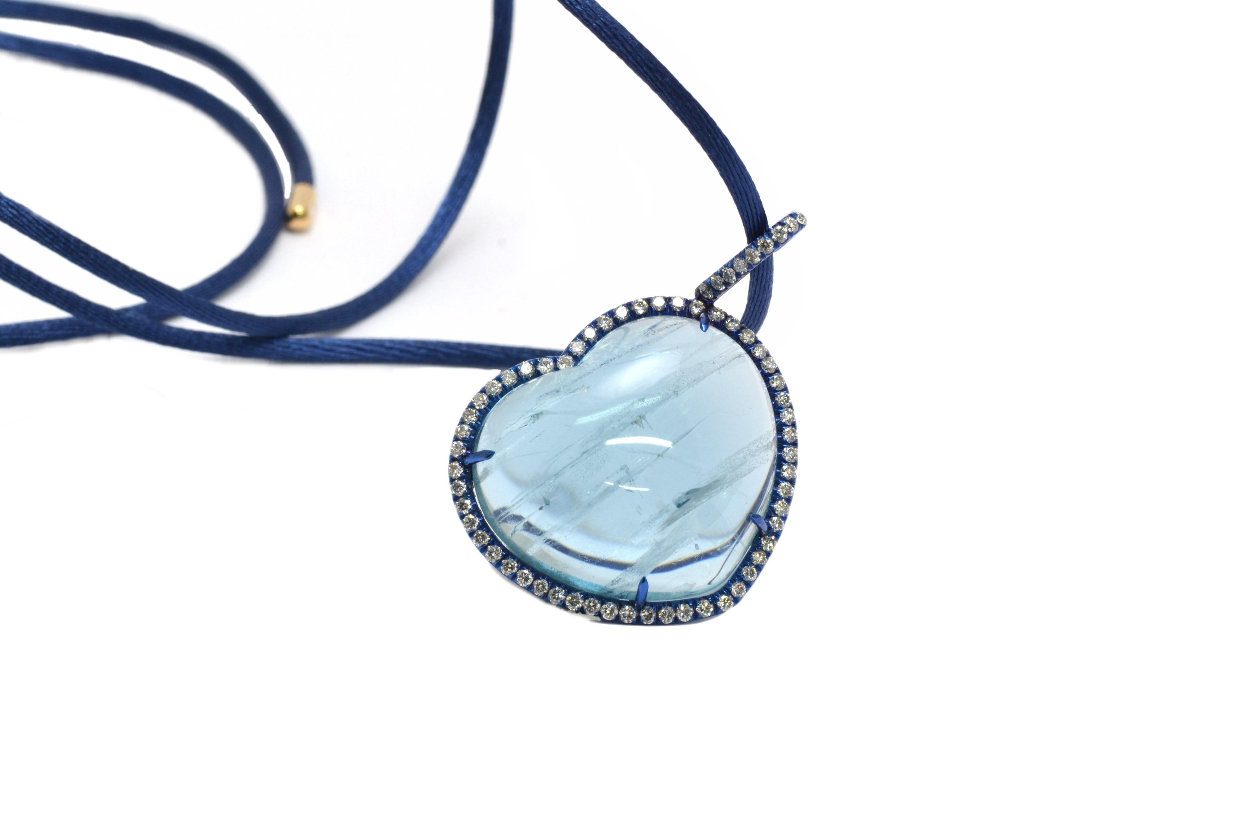 Heart Cut Aquamarine Diamonds Titanium 18 Kt White Gold Heart Necklace For Sale