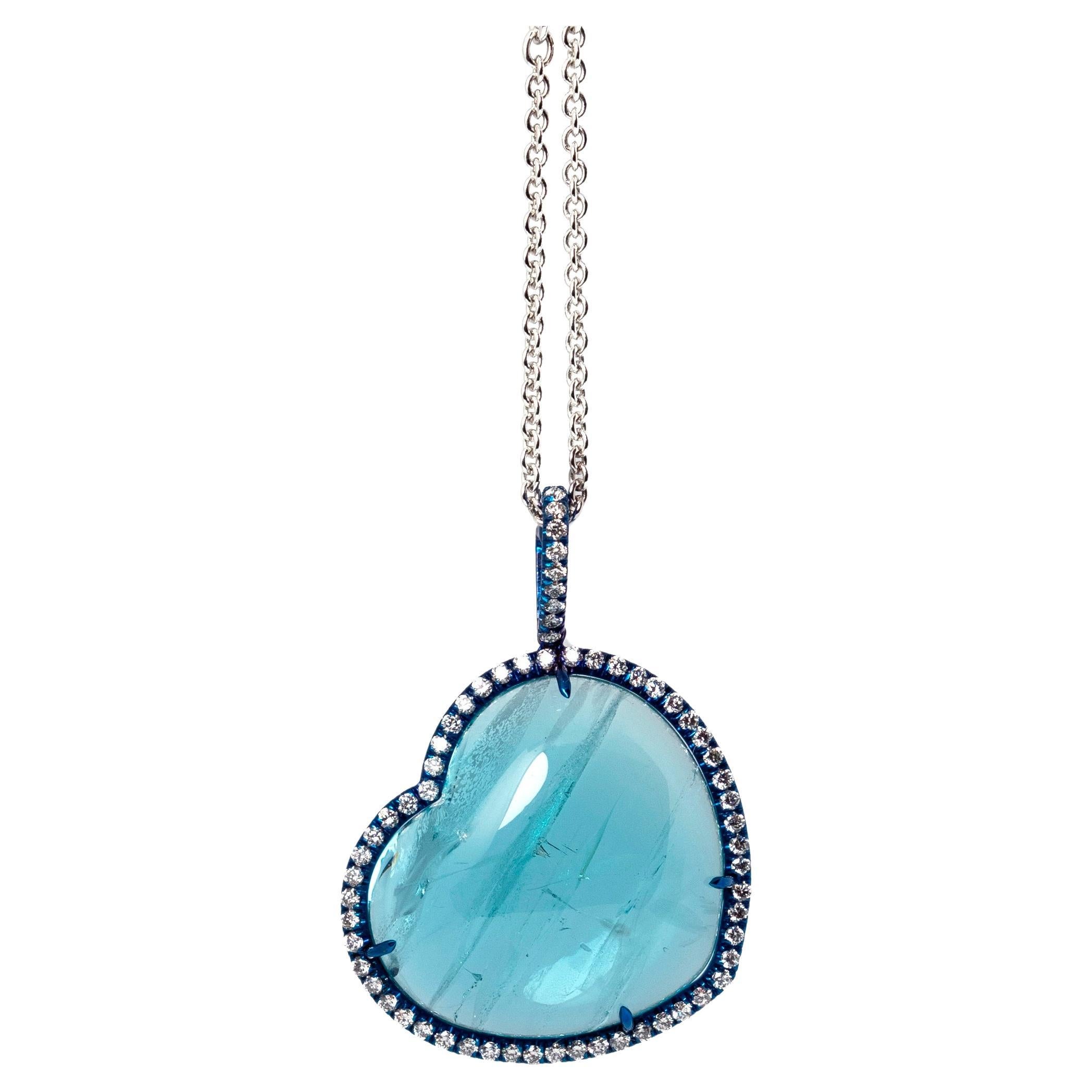 Aquamarine Diamonds Titanium 18 Kt White Gold Heart Necklace For Sale