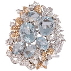 Vintage Aquamarine Diamonds White and Rose Gold Ring