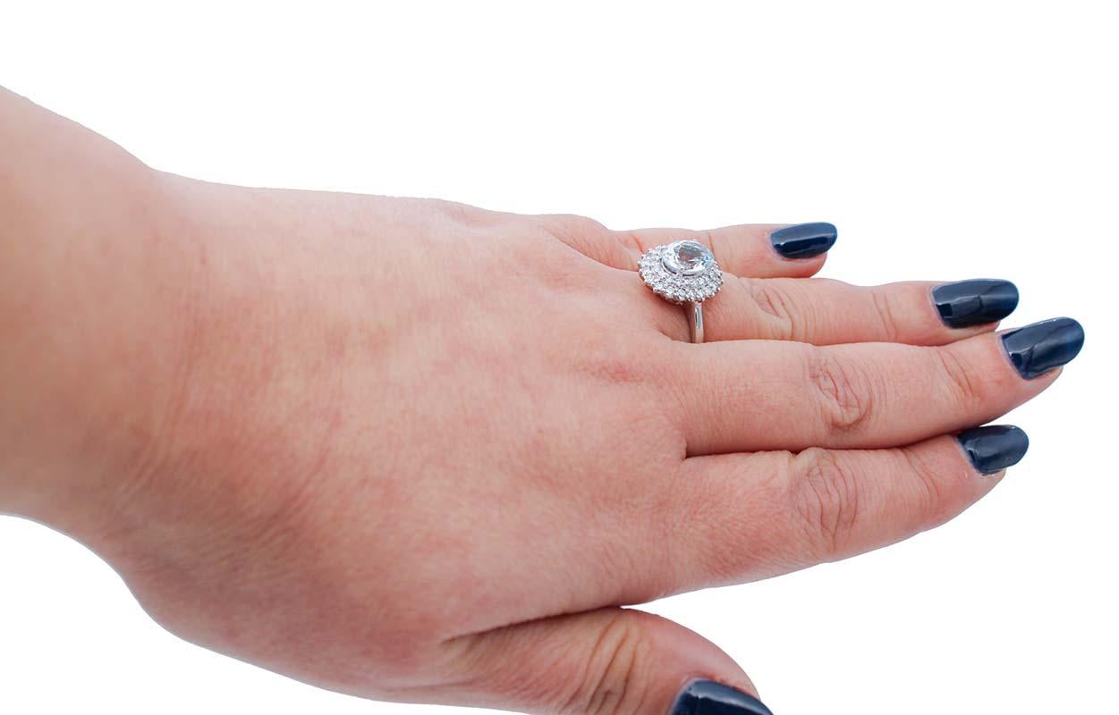 Women's Aquamarine, Diamonds, 18 Karat White Gold Modern Ring