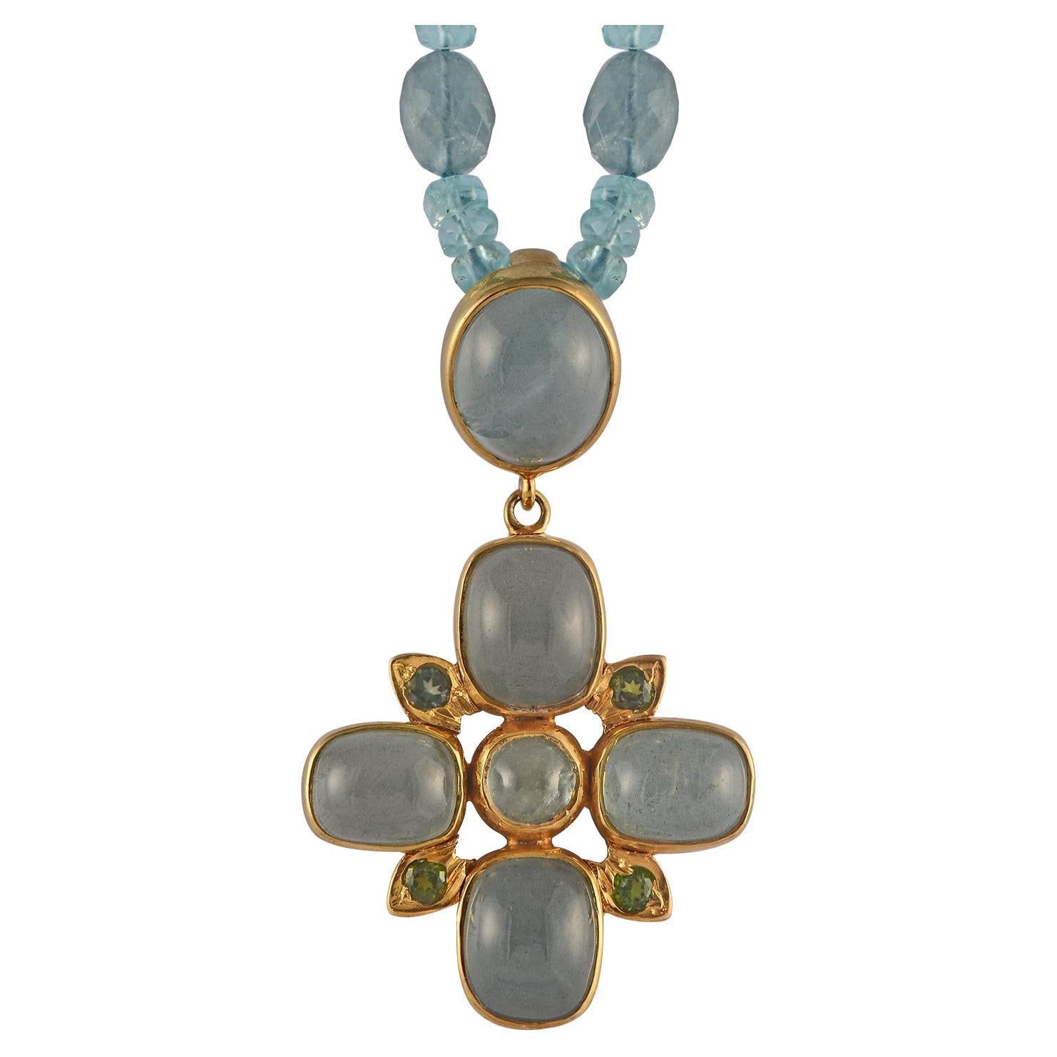 Aquamarine Diopside Gold Plate Cross Pendant