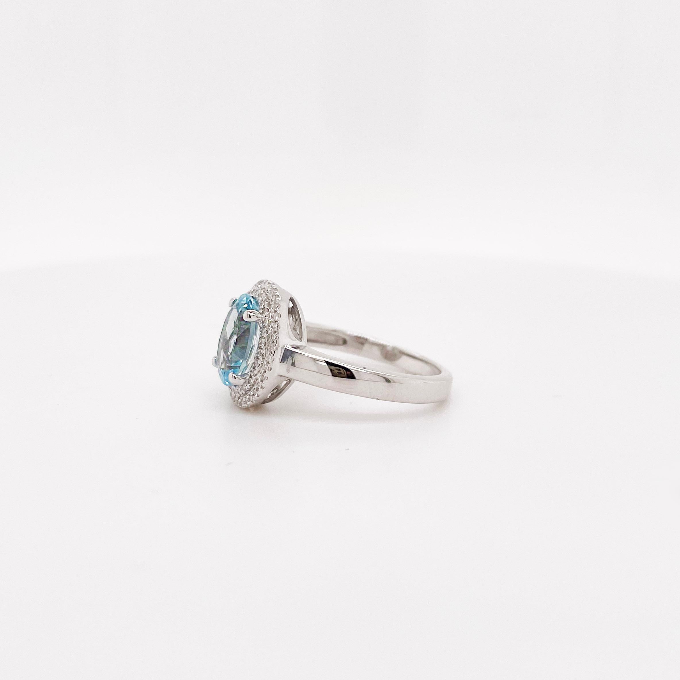 For Sale:  Aquamarine & Double Diamond Halo Ring 14K White Gold March Birthstone Ring 2