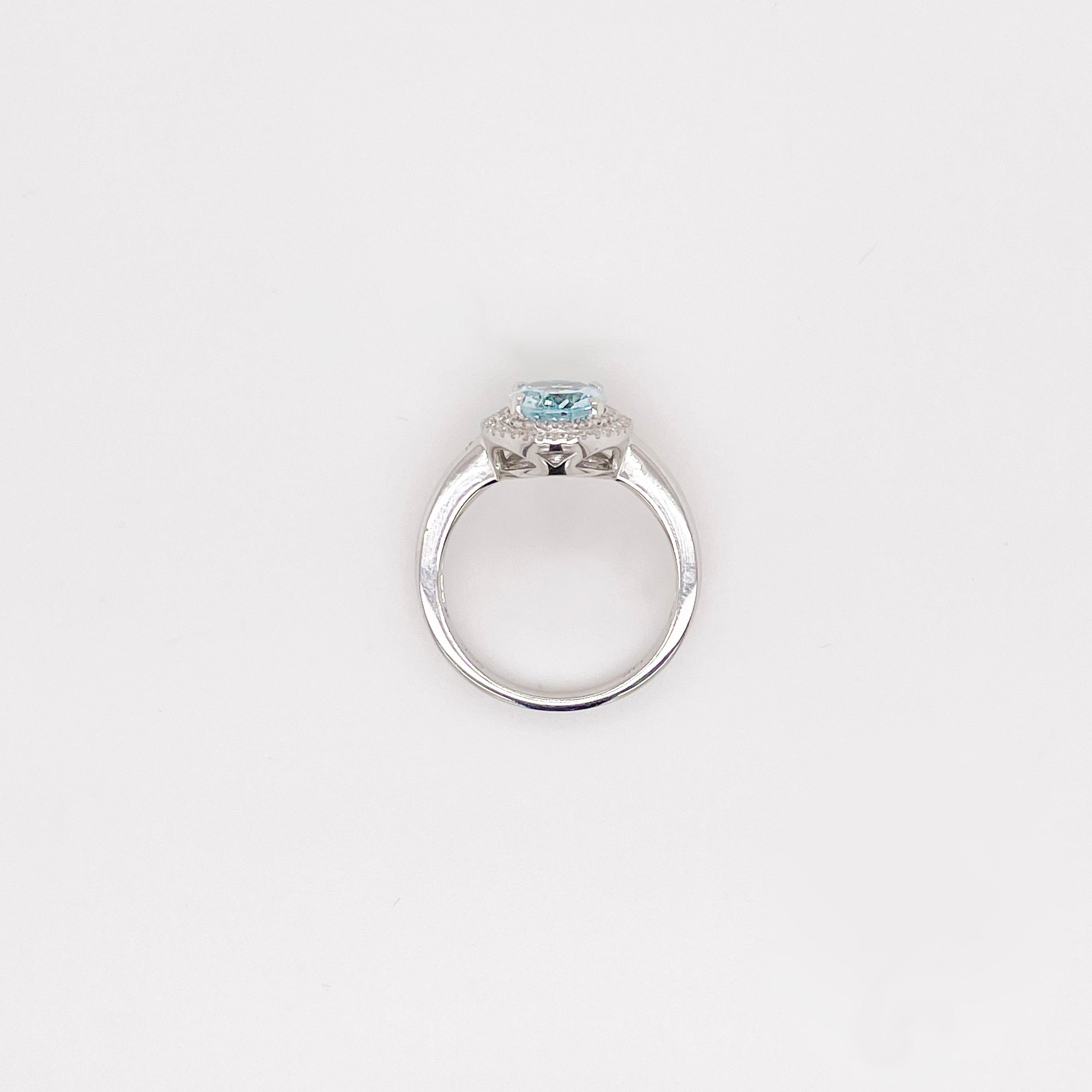 For Sale:  Aquamarine & Double Diamond Halo Ring 14K White Gold March Birthstone Ring 4