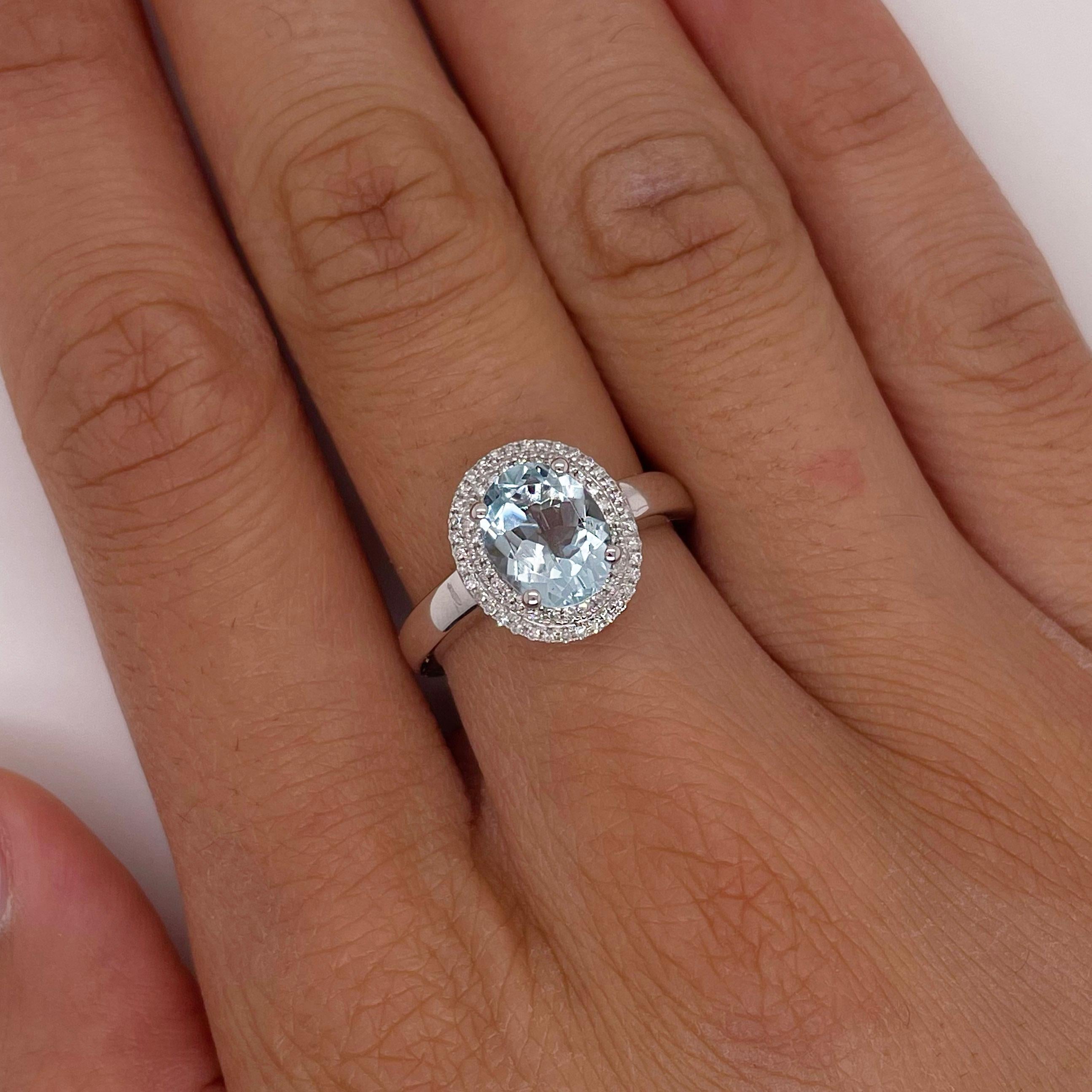 For Sale:  Aquamarine & Double Diamond Halo Ring 14K White Gold March Birthstone Ring 5