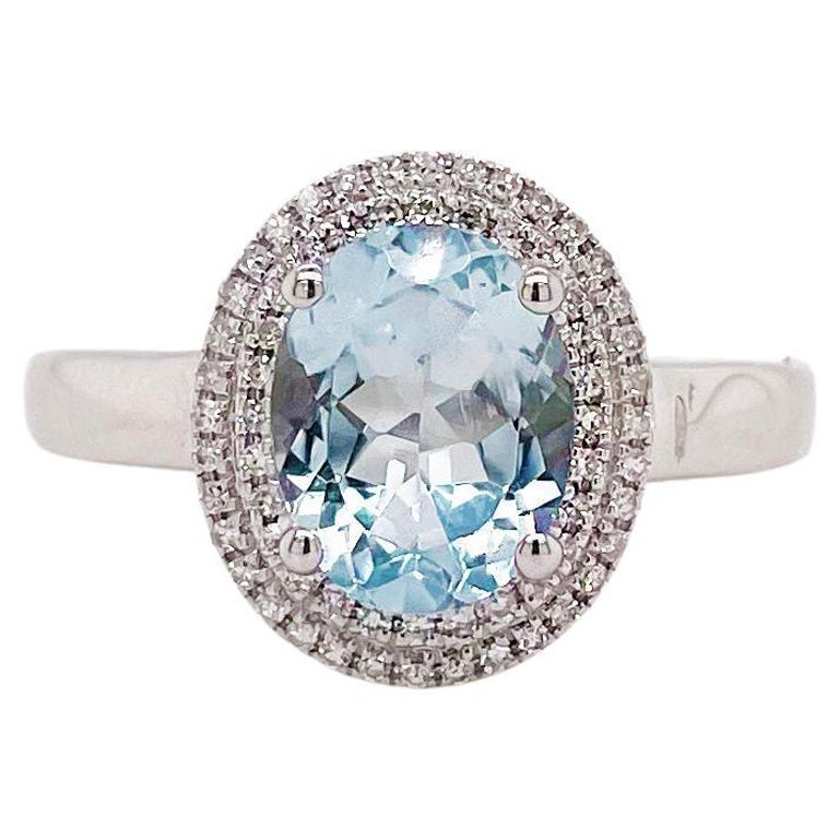 Ring mit Aquamarin und doppeltem Diamant-Halo 14K Weißgold März Geburtsstein