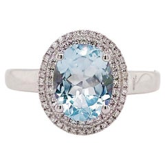 Ring mit Aquamarin und doppeltem Diamant-Halo 14K Weißgold März Geburtsstein