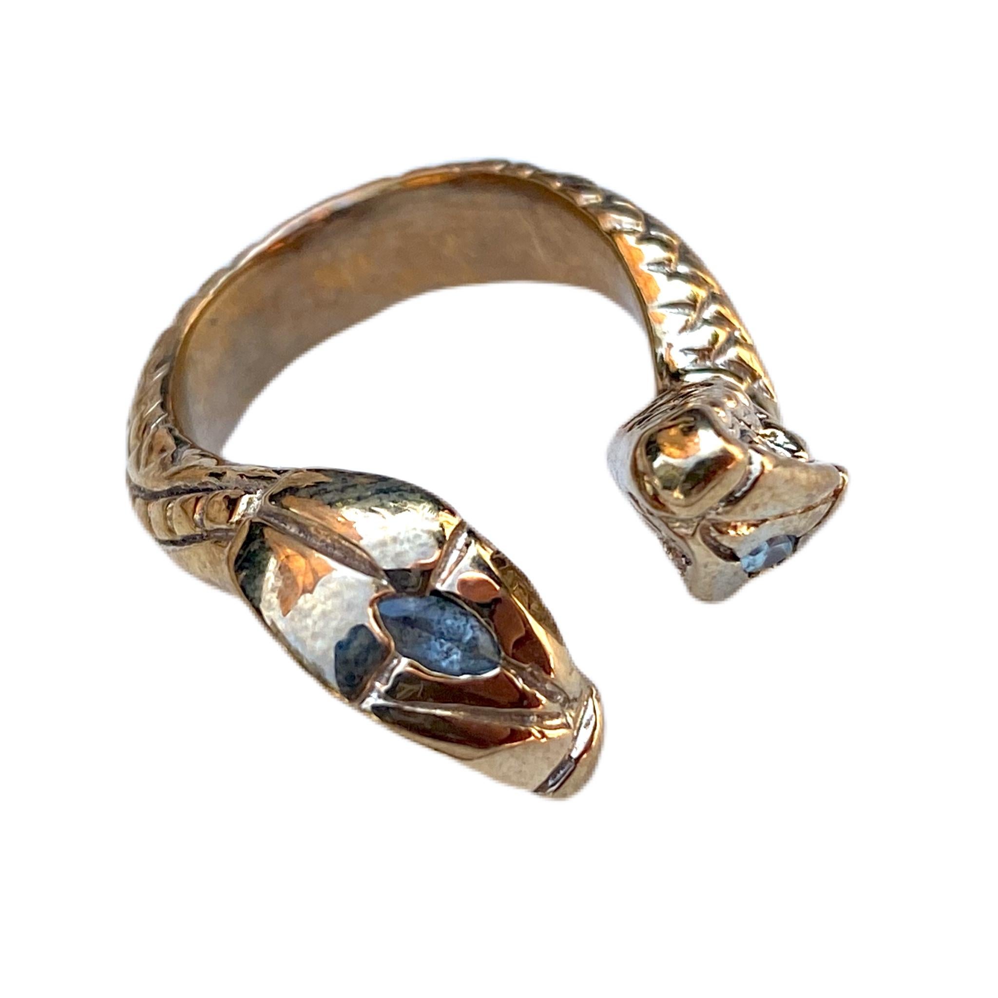 Aquamarine Double Snake Head Ring Cocktail Bronze Adjustable J Dauphin In New Condition For Sale In Los Angeles, CA
