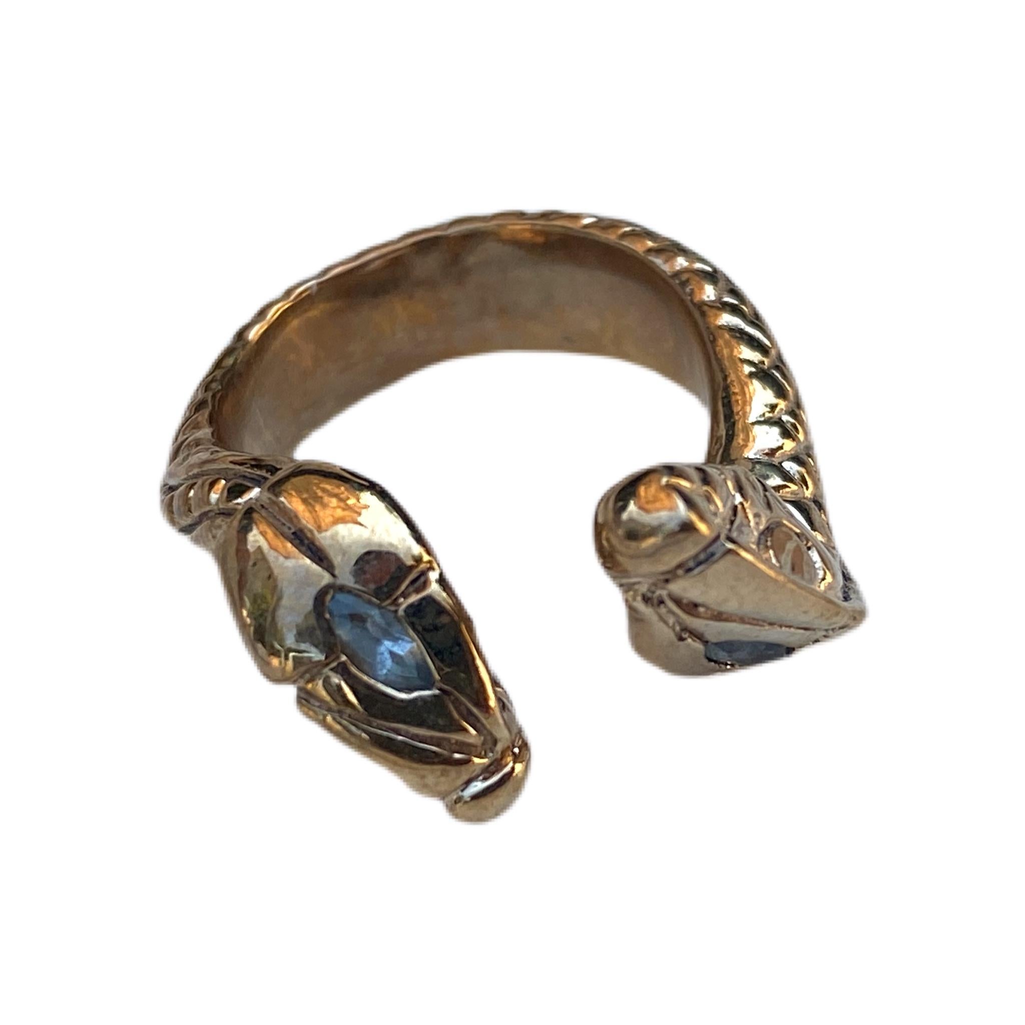 Verstellbarer Cocktail-Bronze-Ring mit Aquamarin-Doppelschlangenkopf, J Dauphin im Angebot 4