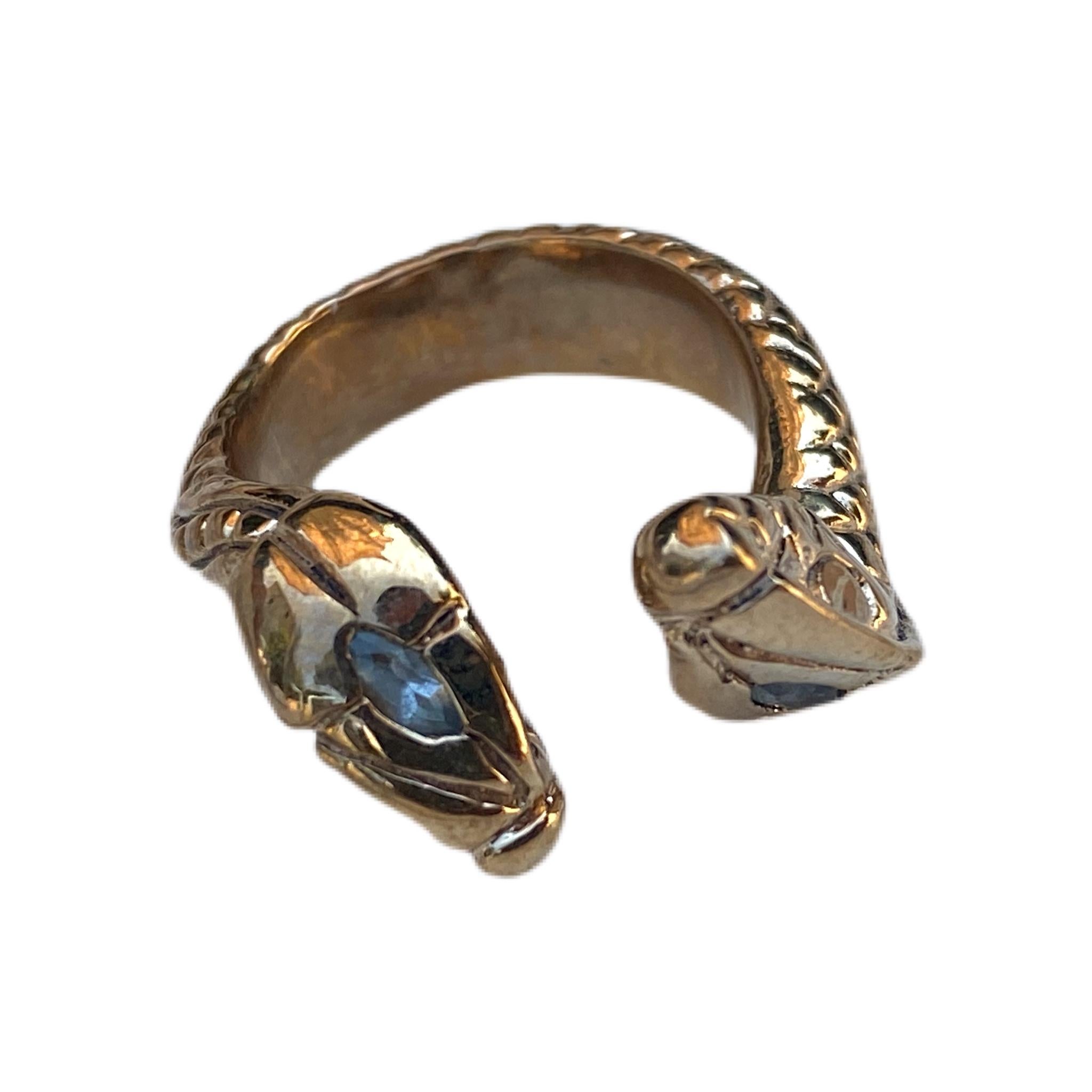 Aquamarine Double Snake Head Ring Cocktail Bronze Adjustable J Dauphin For Sale 2