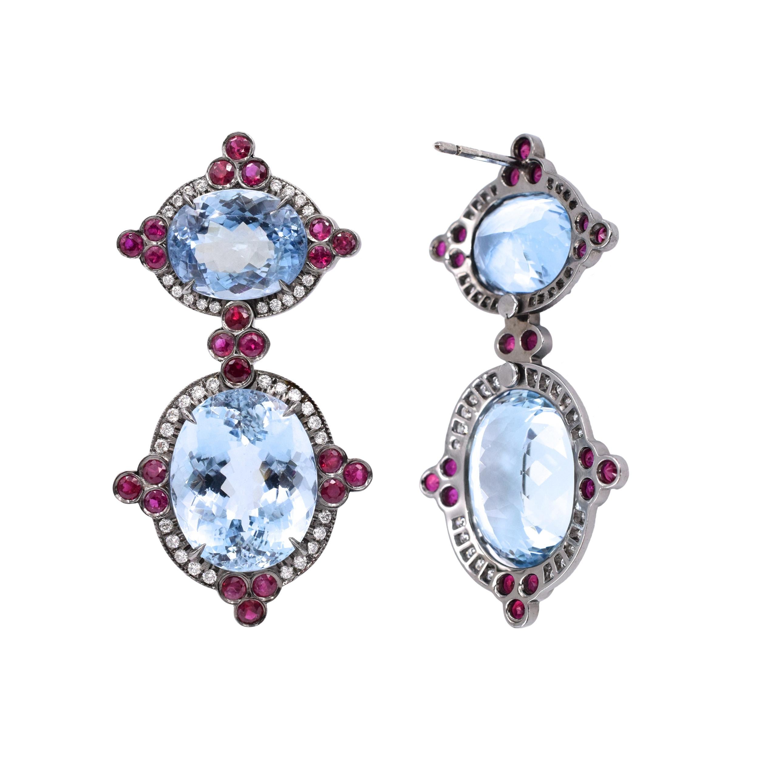 Artist Aquamarine Drop Earrings Encrusted With Diamonds and Rubies For Sale