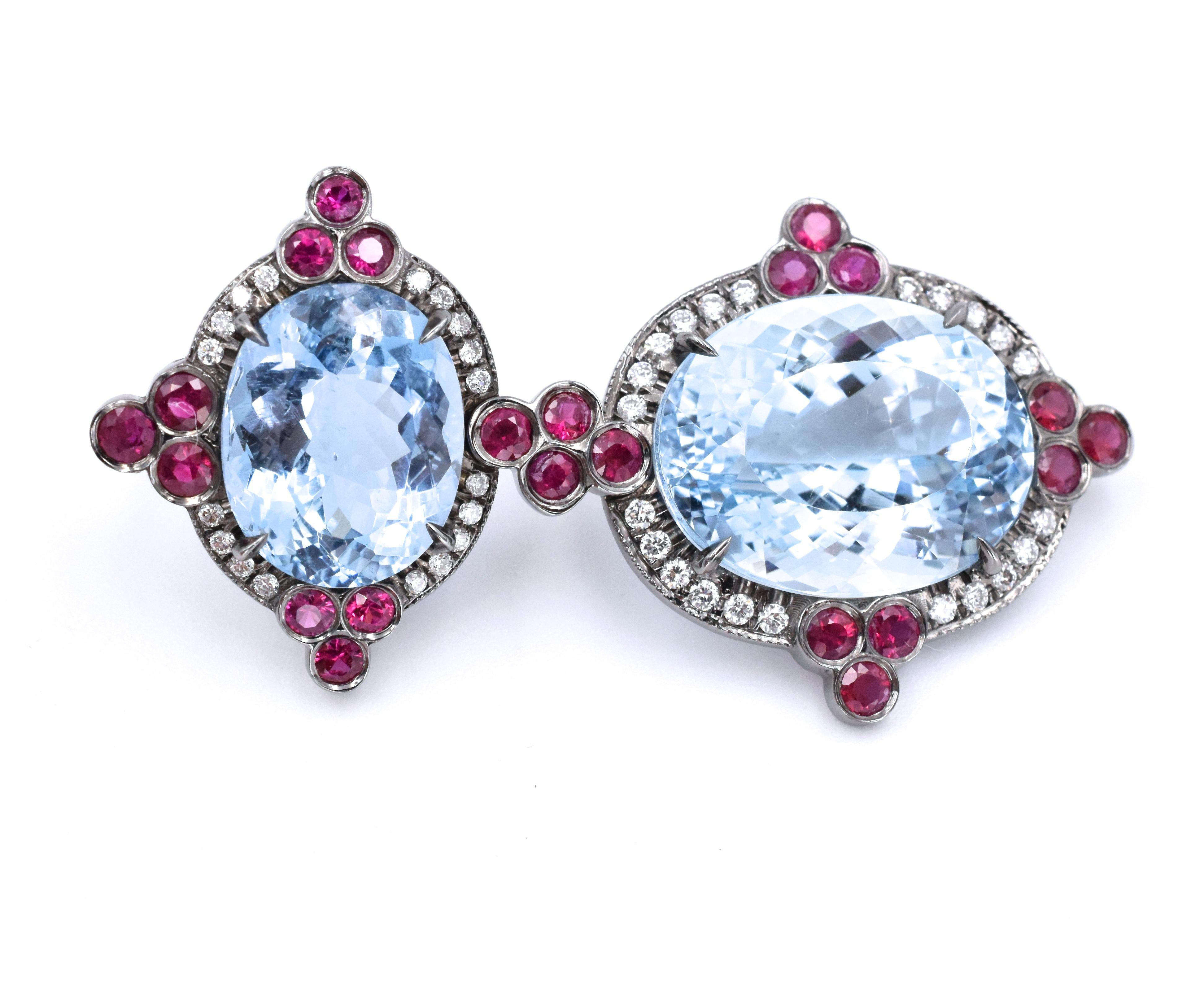 Oval Cut Aquamarine Drop Earrings Encrusted With Diamonds and Rubies For Sale
