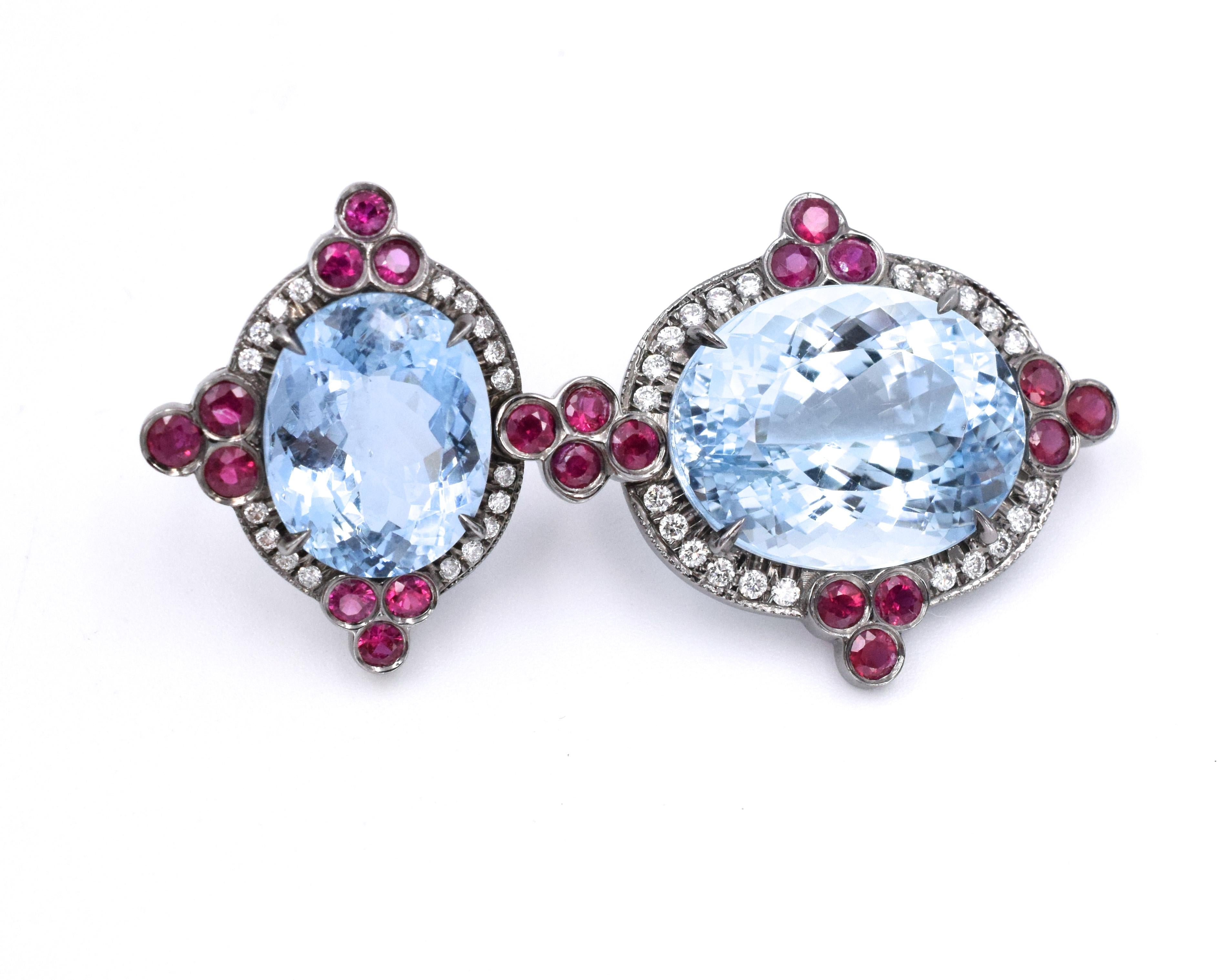 Aquamarine Drop Earrings Encrusted With Diamonds and Rubies In Excellent Condition For Sale In New York, NY