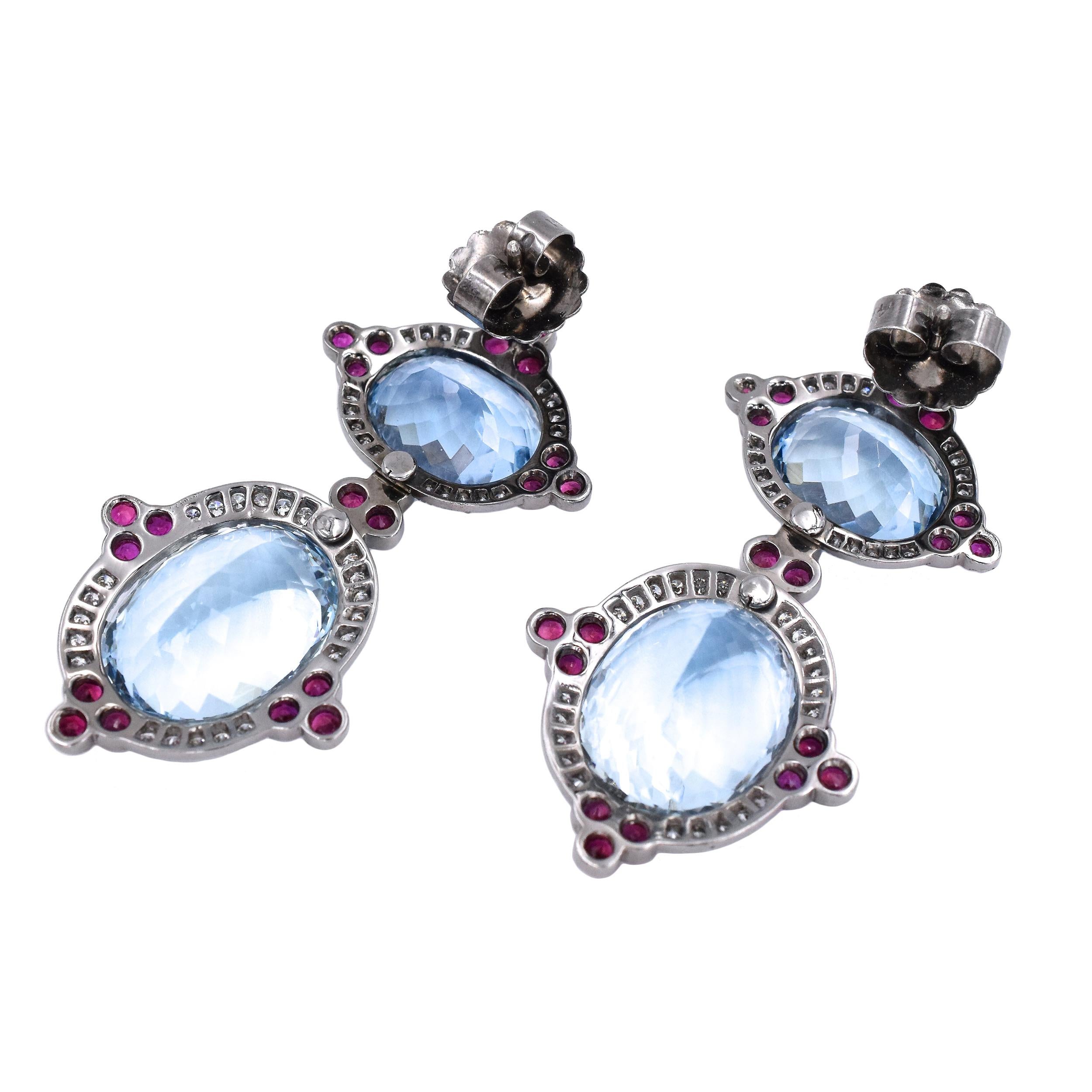 Women's Aquamarine Drop Earrings Encrusted With Diamonds and Rubies For Sale