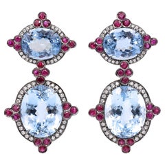 Aquamarine Drop Earrings Encrusted With Diamonds and Rubies