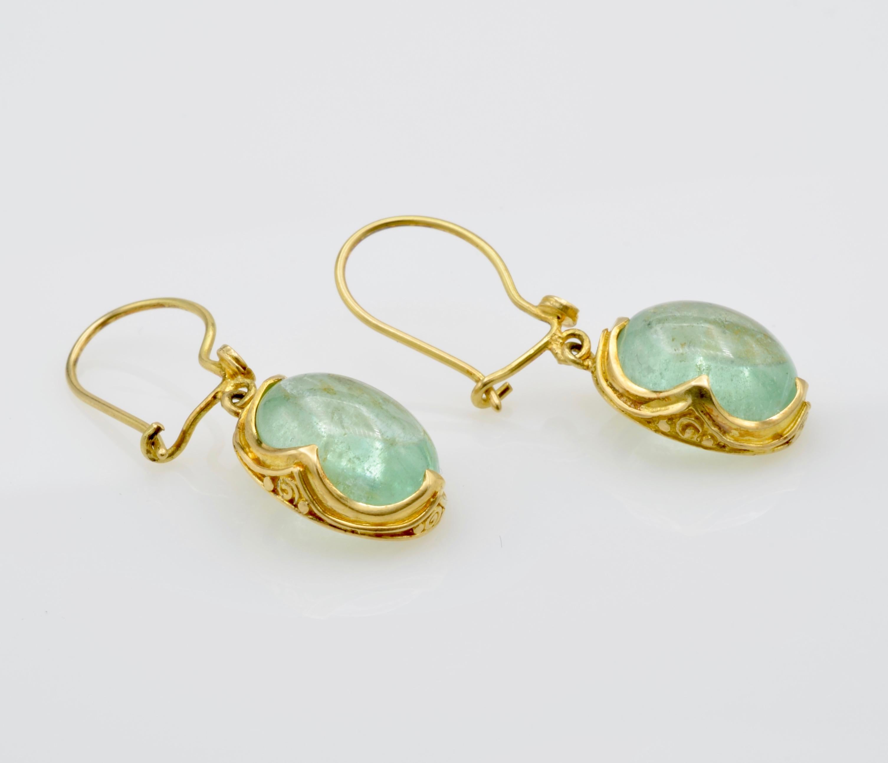 Romantic Aquamarine Drop Earrings Set in 22 Karat Yellow Gold Antique Style