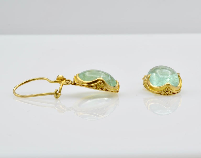 Aquamarine Drop Earrings Set in 22 Karat Yellow Gold Antique Style For