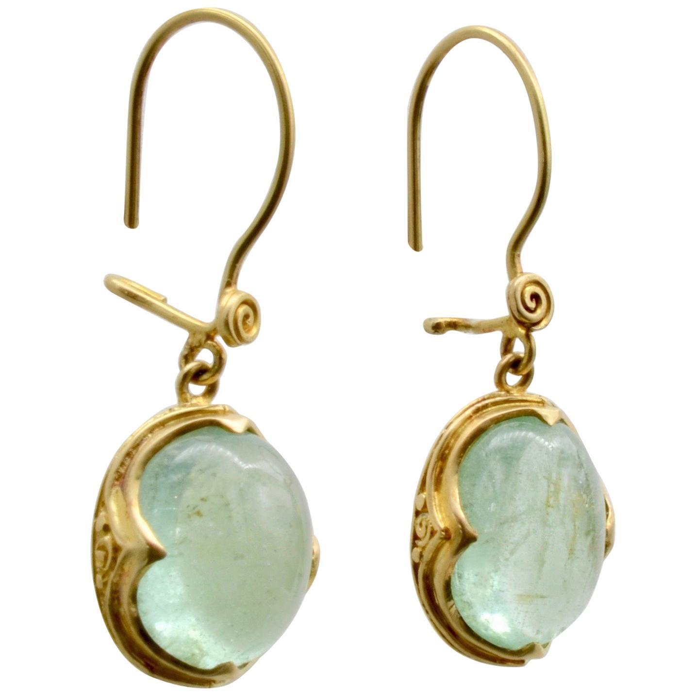 Aquamarine Drop Earrings Set in 22 Karat Yellow Gold Antique Style