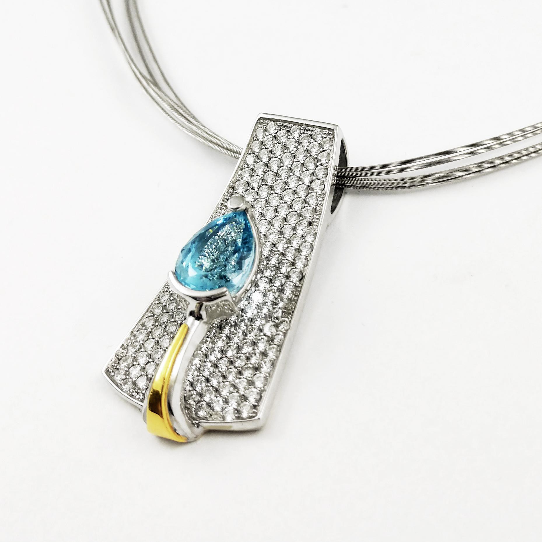 Round Cut Aquamarine Drop Necklace 18K White & Yellow Gold with Pave Diamonds Contemporary For Sale