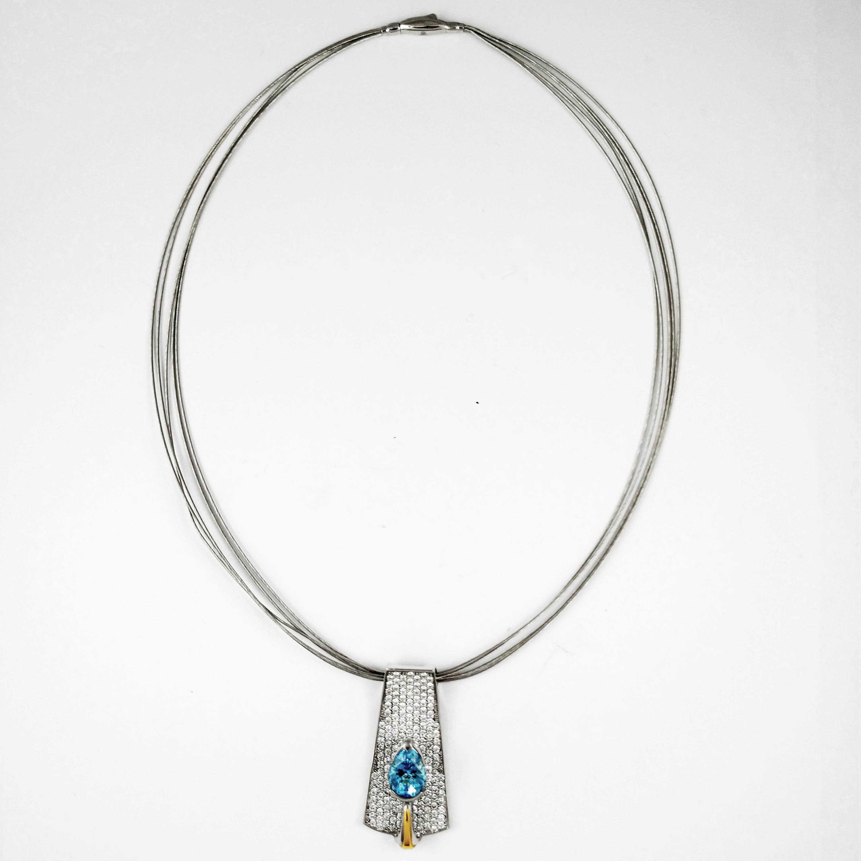 Aquamarine Drop Necklace 18K White & Yellow Gold with Pave Diamonds Contemporary In New Condition For Sale In Scottsdale, AZ