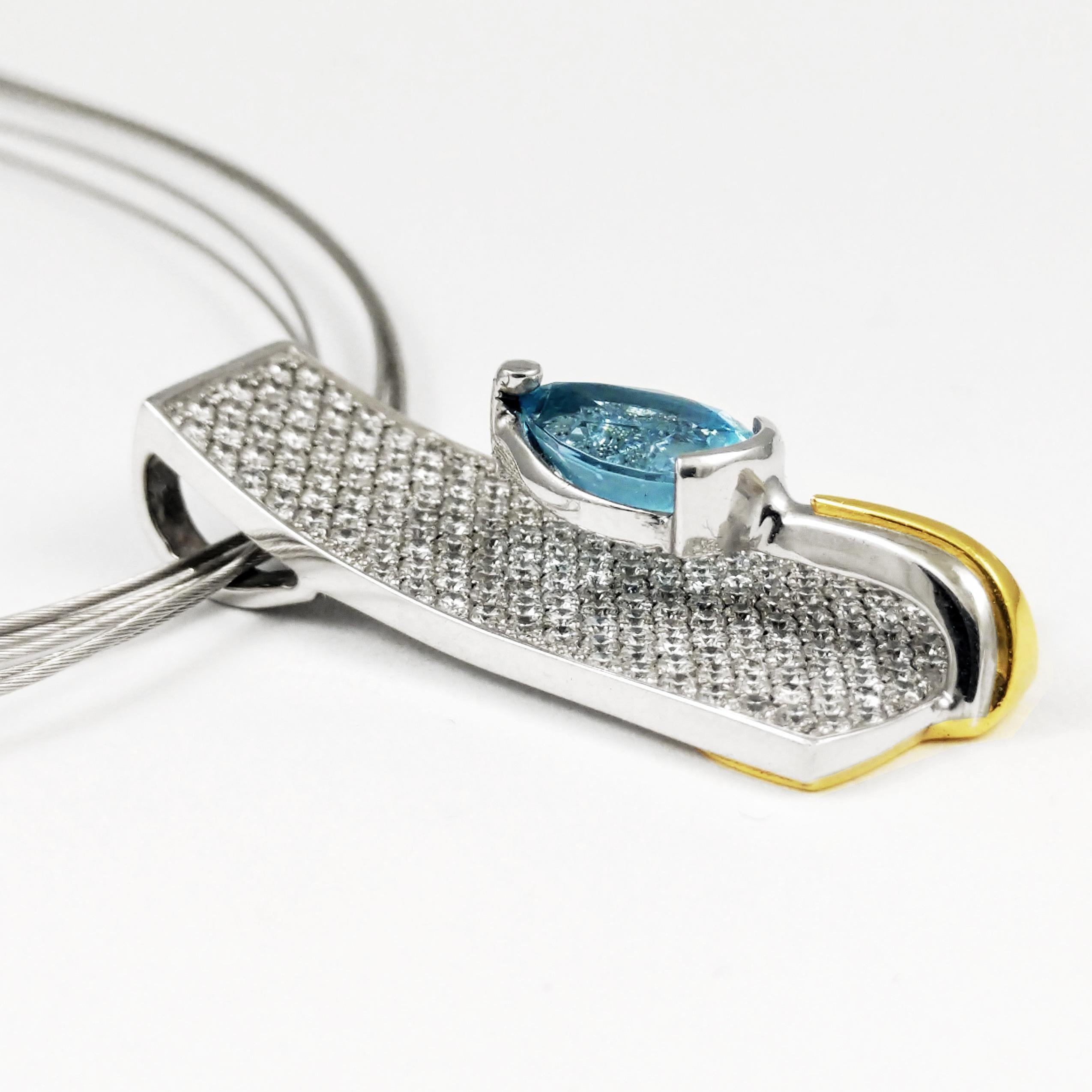 Women's Aquamarine Drop Necklace 18K White & Yellow Gold with Pave Diamonds Contemporary For Sale