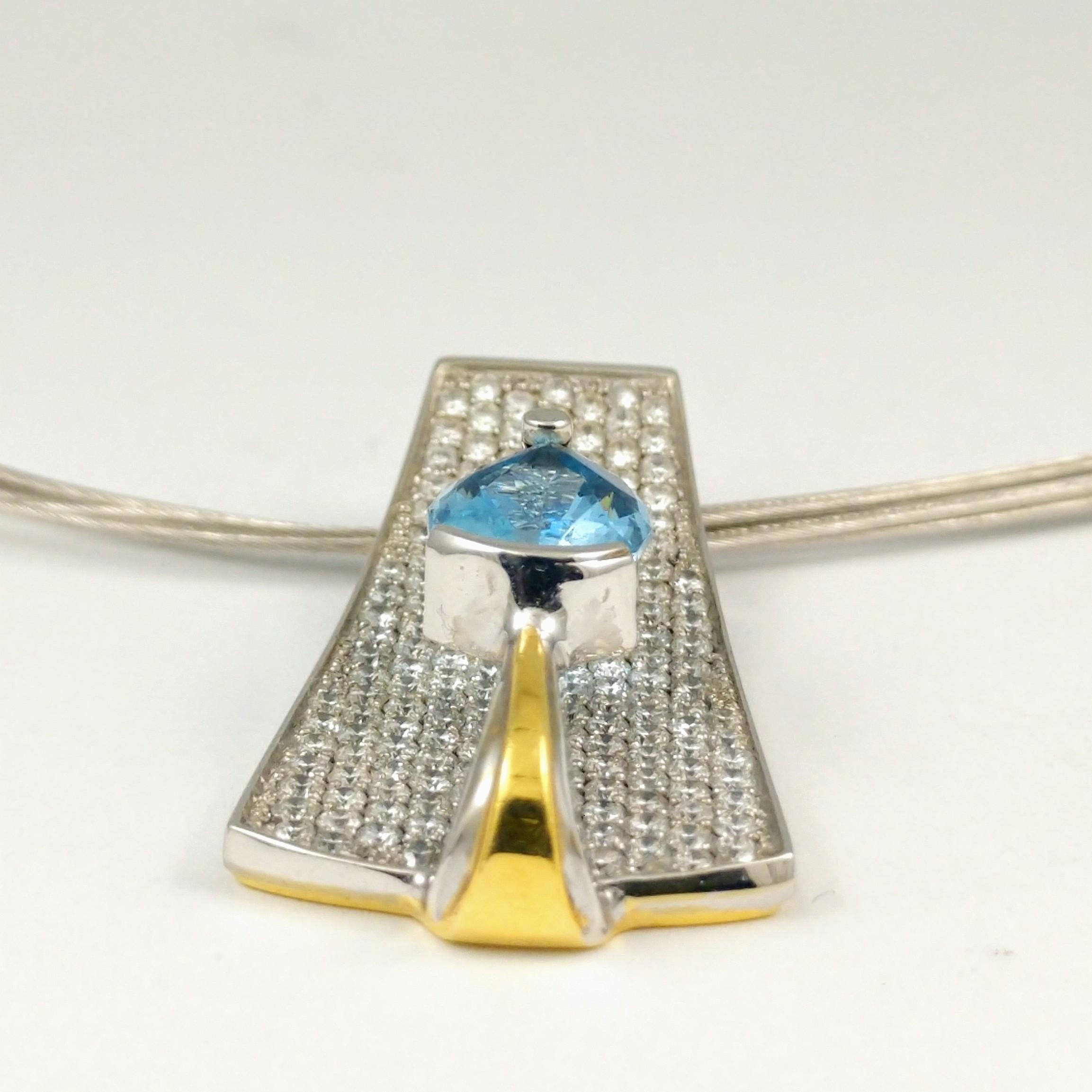 Aquamarine Drop Necklace 18K White & Yellow Gold with Pave Diamonds Contemporary For Sale 2