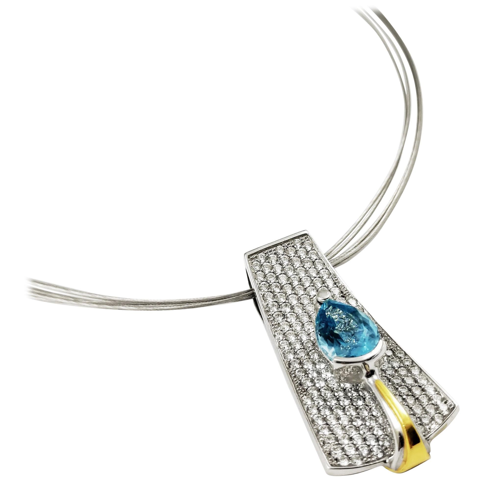 Aquamarine Drop Necklace 18K White & Yellow Gold with Pave Diamonds Contemporary For Sale