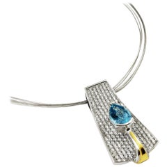 Aquamarine Drop Necklace 18K White & Yellow Gold with Pave Diamonds Contemporary