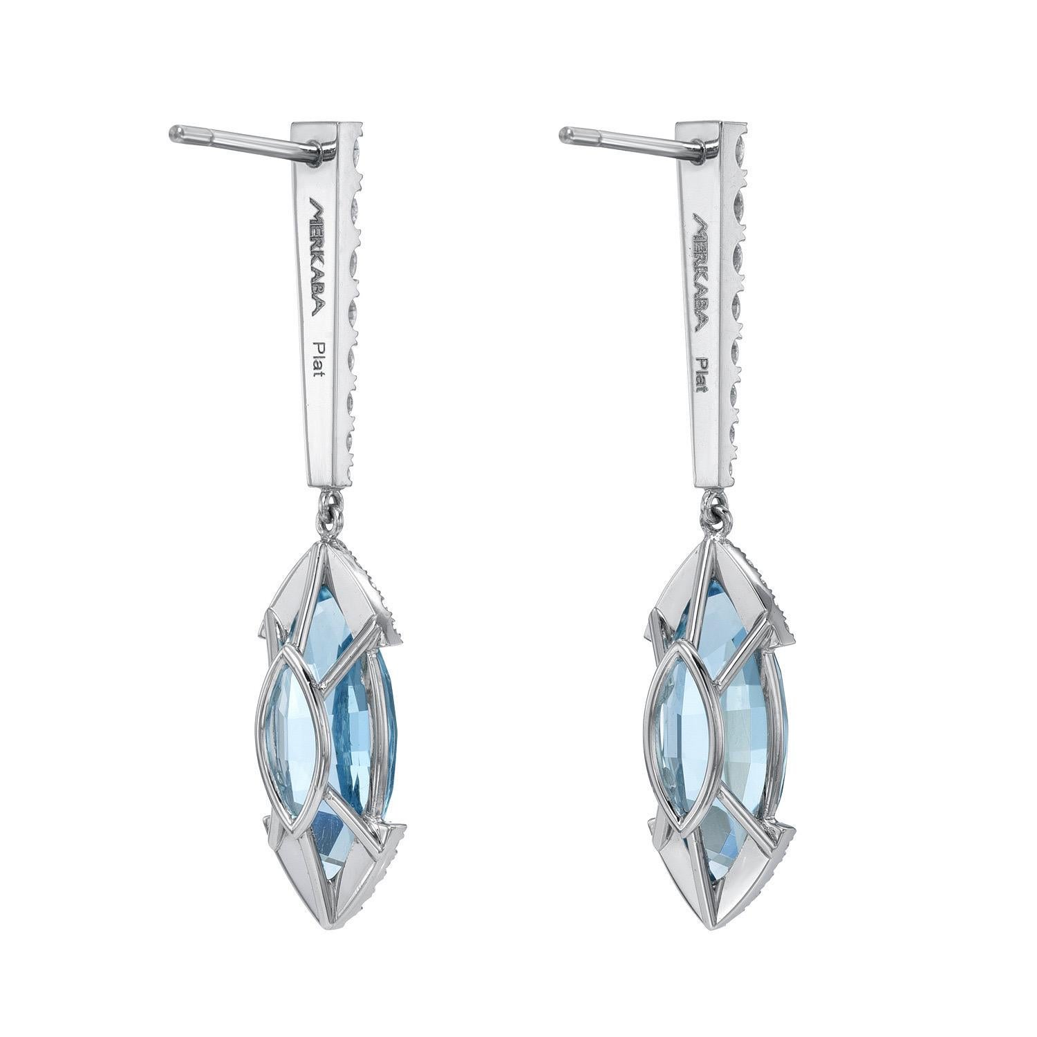 Vivid blue 7.75 carat Aquamarine marquise platinum earrings, decorated with a total of 1.57 carat round brilliant collection diamonds.
Crafted by extremely skilled hands in the USA.
Returns are accepted and paid by us within 7 days of