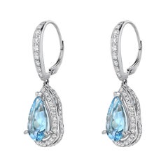 5.23 Carat Pear Aquamarine Diamond Drop Earrings 18K White Gold Tamir By Merkaba