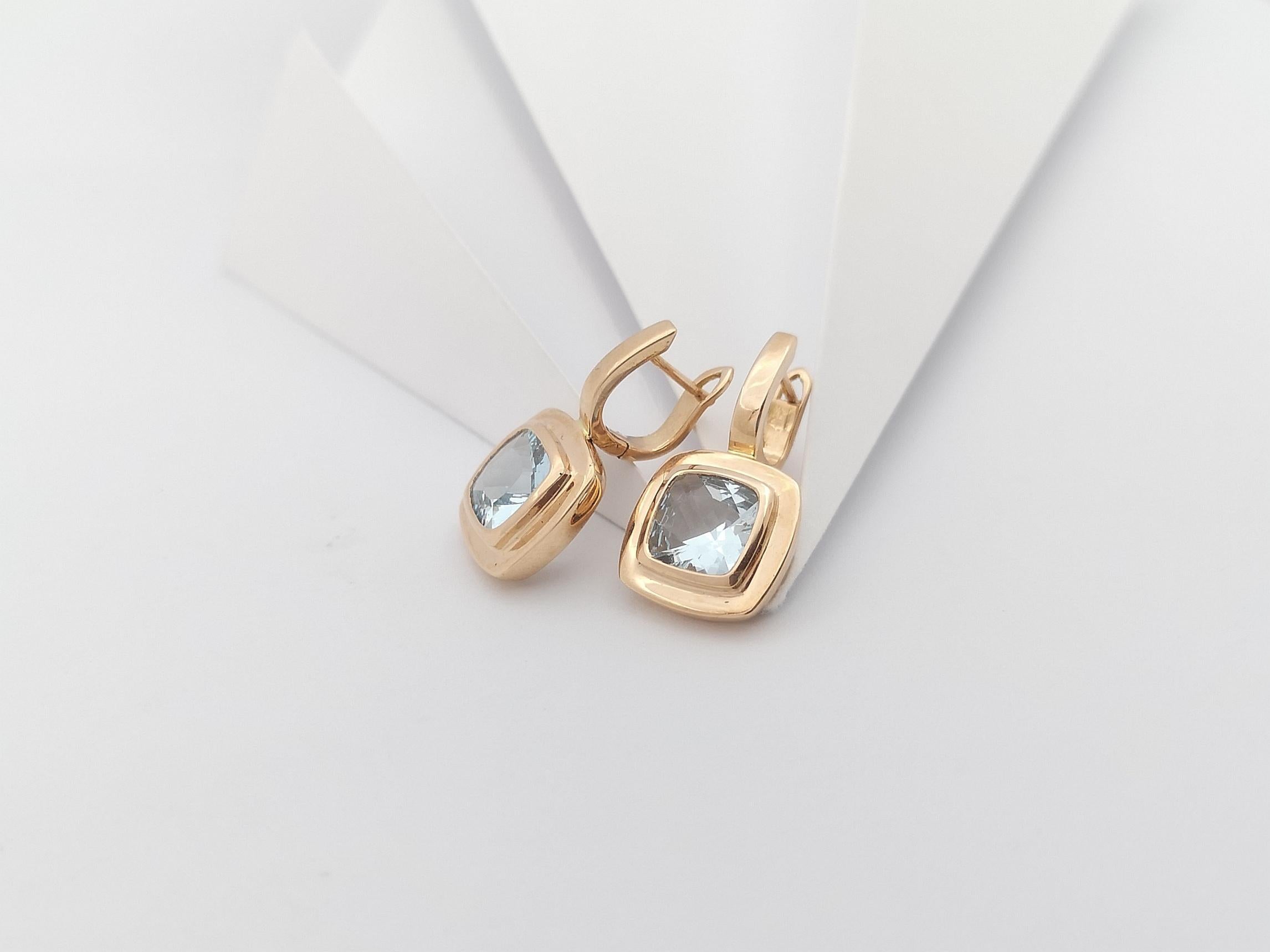 Cushion Cut Aquamarine Earrings Set in 18 Karat Rose Gold Settings For Sale
