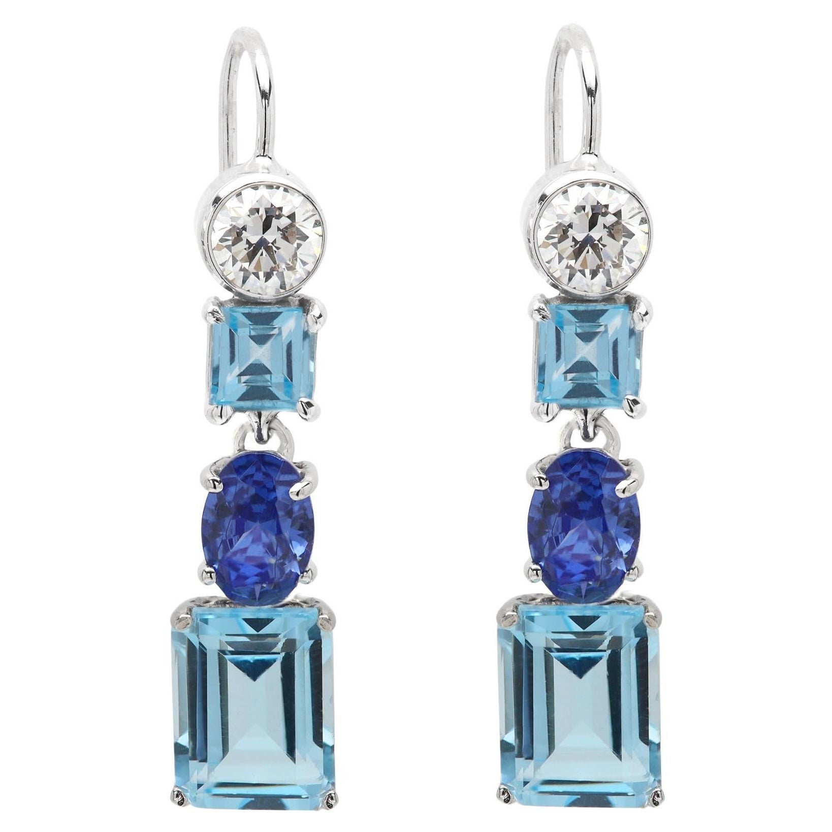 Aquamarine Earrings Vintage Diamond Blue Sapphire 14 Karat White Gold Dangle