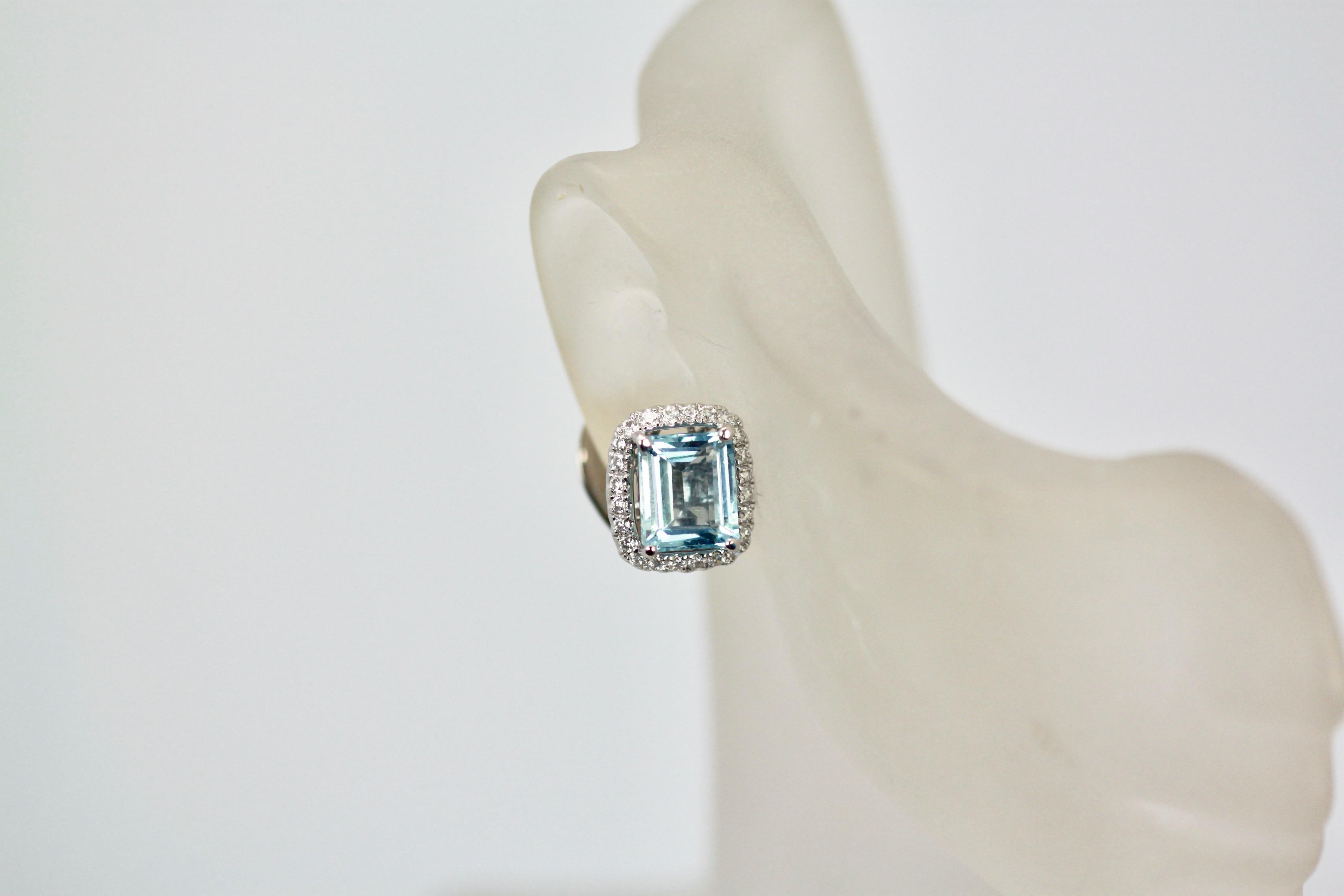 Cushion Cut Aquamarine Earrings with a Diamond Surround