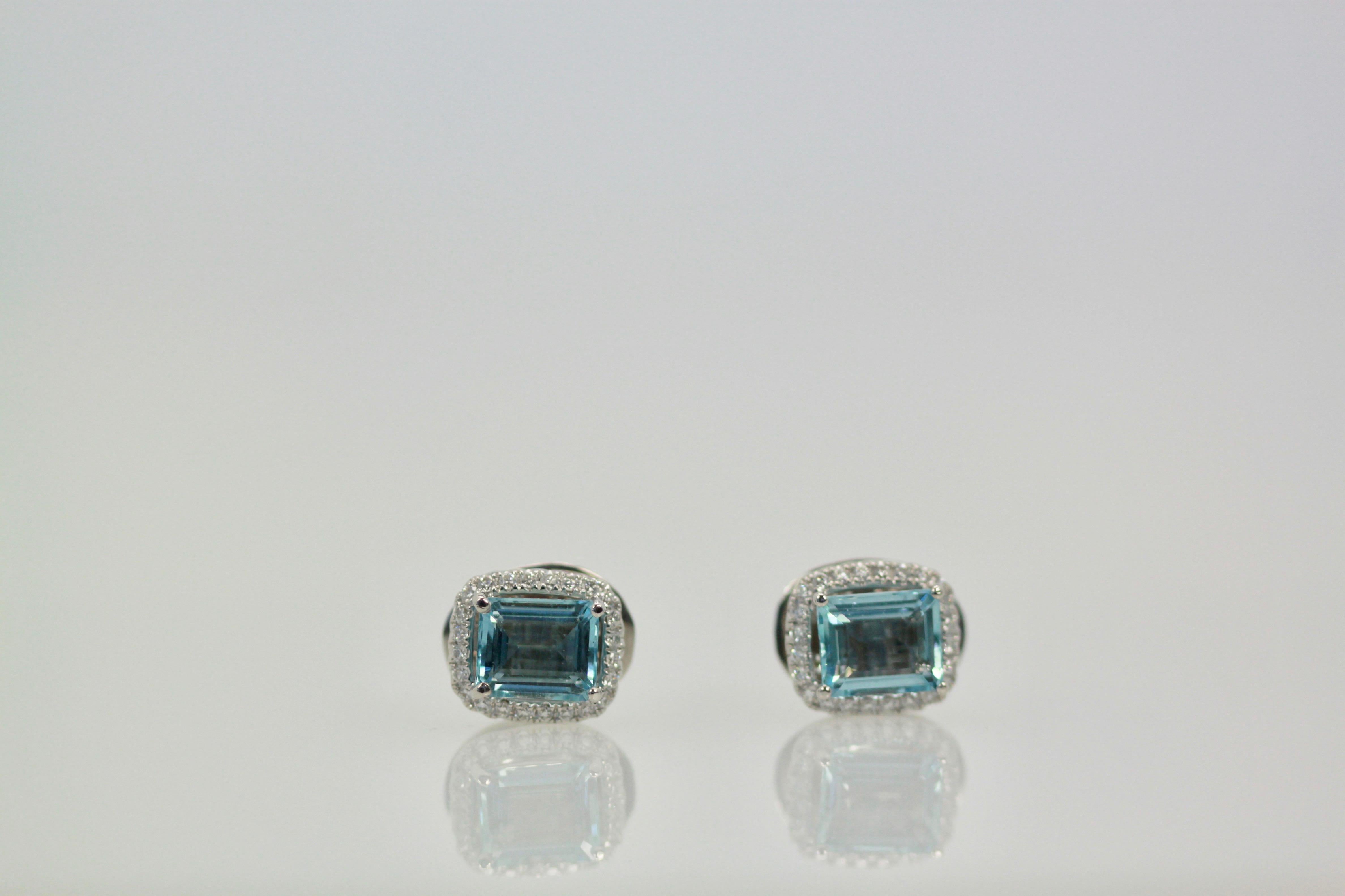 Aquamarine Earrings with a Diamond Surround In New Condition In North Hollywood, CA