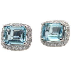 Aquamarine Earrings with a Diamond Surround
