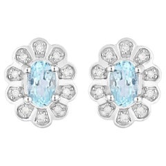 Aquamarine Earrings With Diamonds 0.42 Carats 14K White Gold
