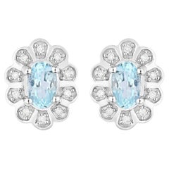 Aquamarine Earrings With Diamonds 0.42 Carats 14K White Gold