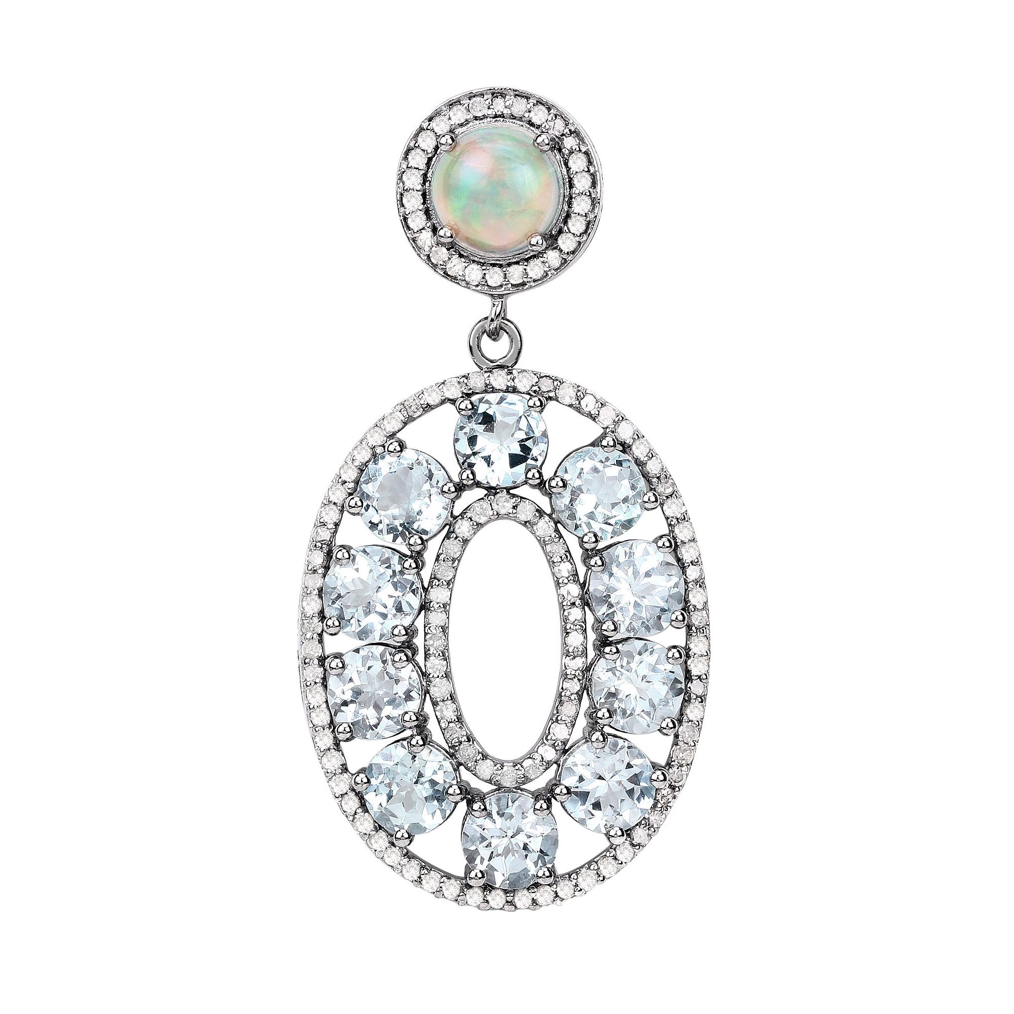 Round Cut Aquamarine Earrings With Opals and Diamonds 11.82 Carats Sterling Silver For Sale