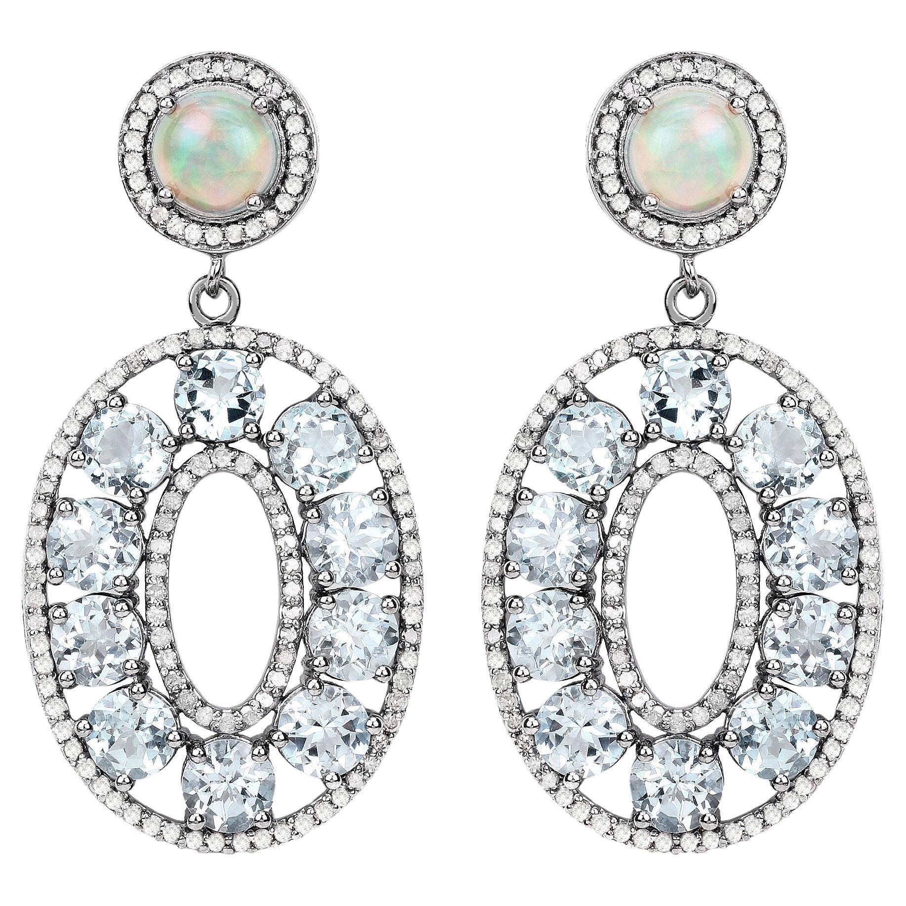 Aquamarine Earrings With Opals and Diamonds 11.82 Carats Sterling Silver For Sale