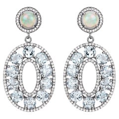 Aquamarine Earrings With Opals and Diamonds 11.82 Carats Sterling Silver