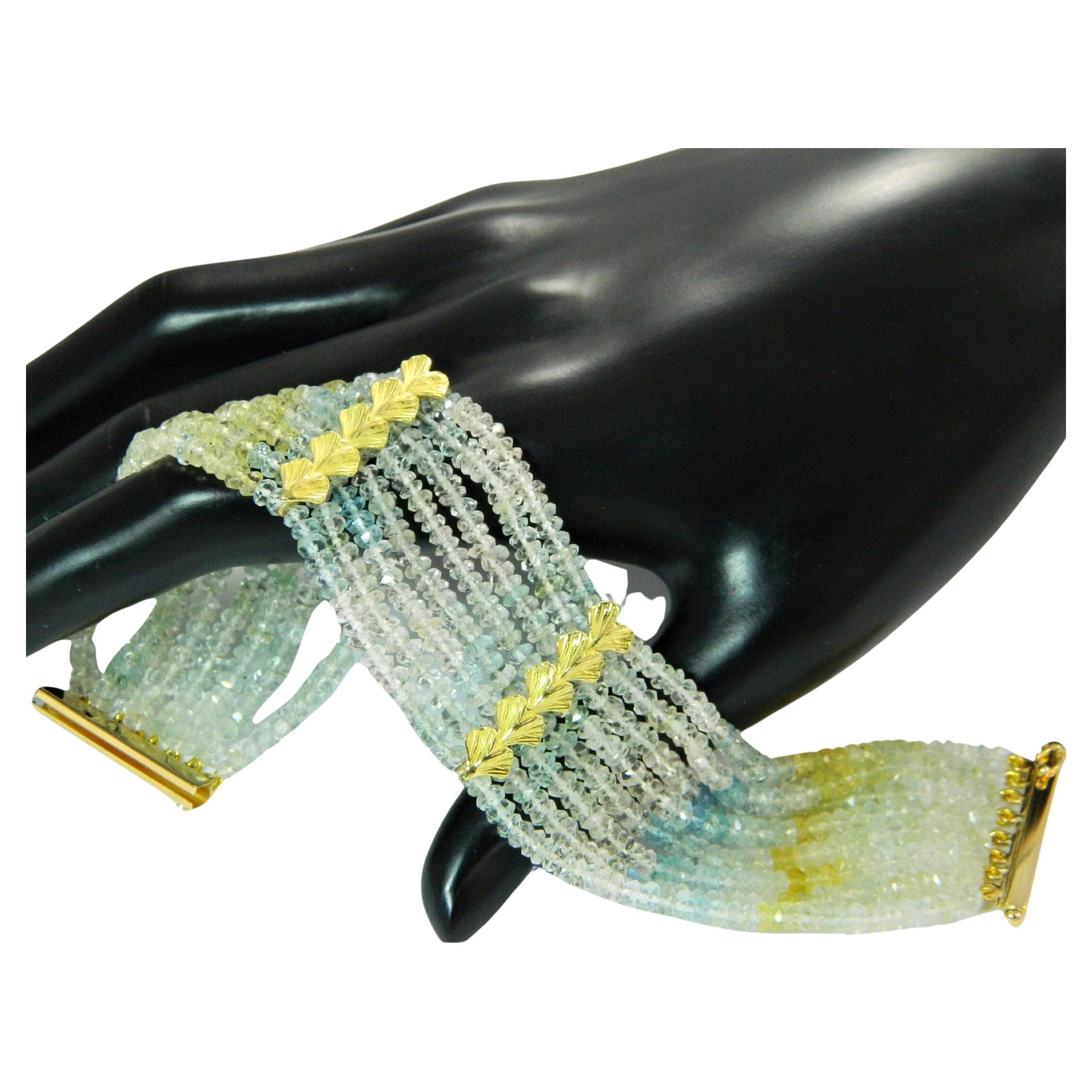 Aquamarine Eight Row Bead Cuff with 18K Baby Gingko Bars and Bayonet Clasp For Sale