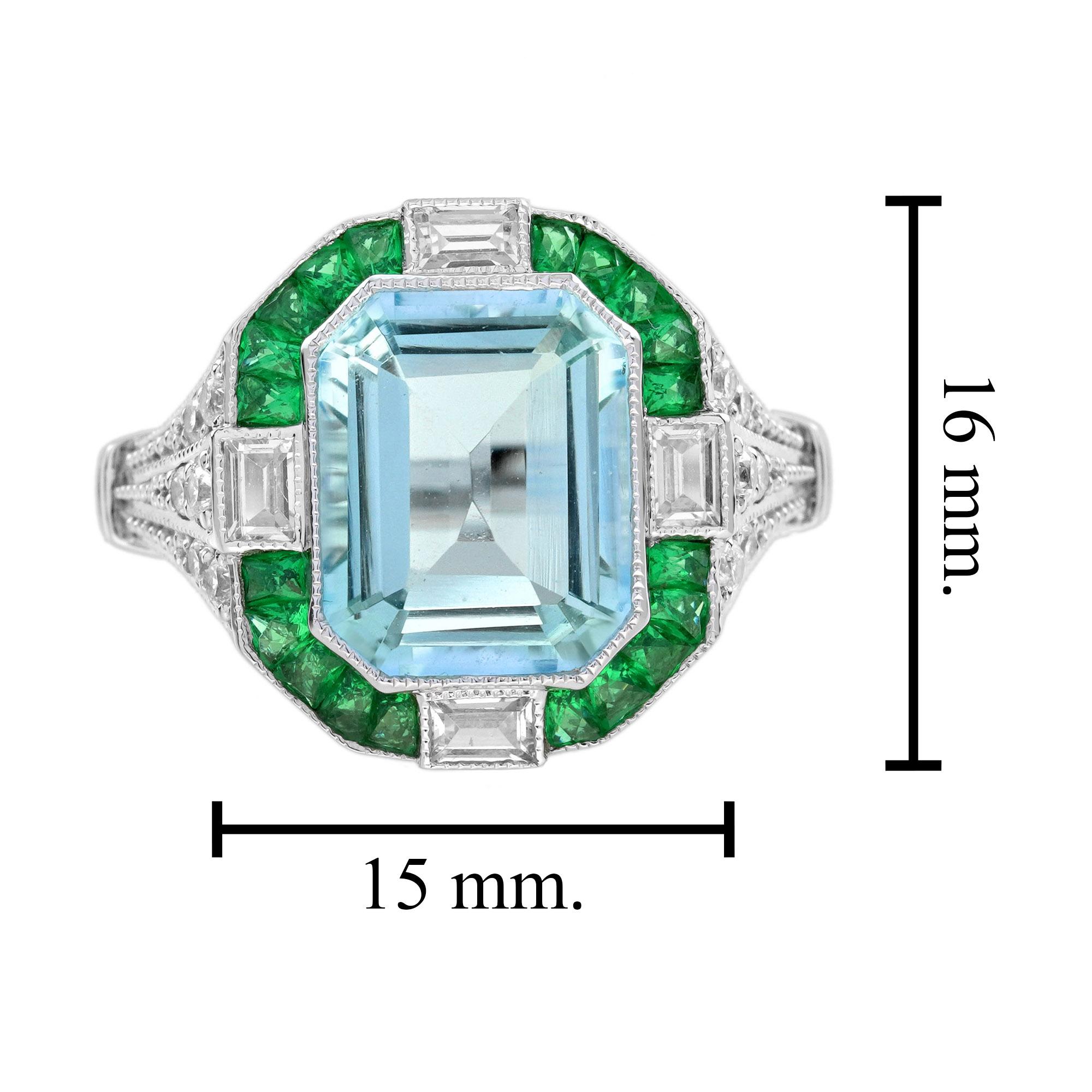 Bague de style Art déco en or blanc 18 carats, aigue-marine, émeraude et diamant en vente 5