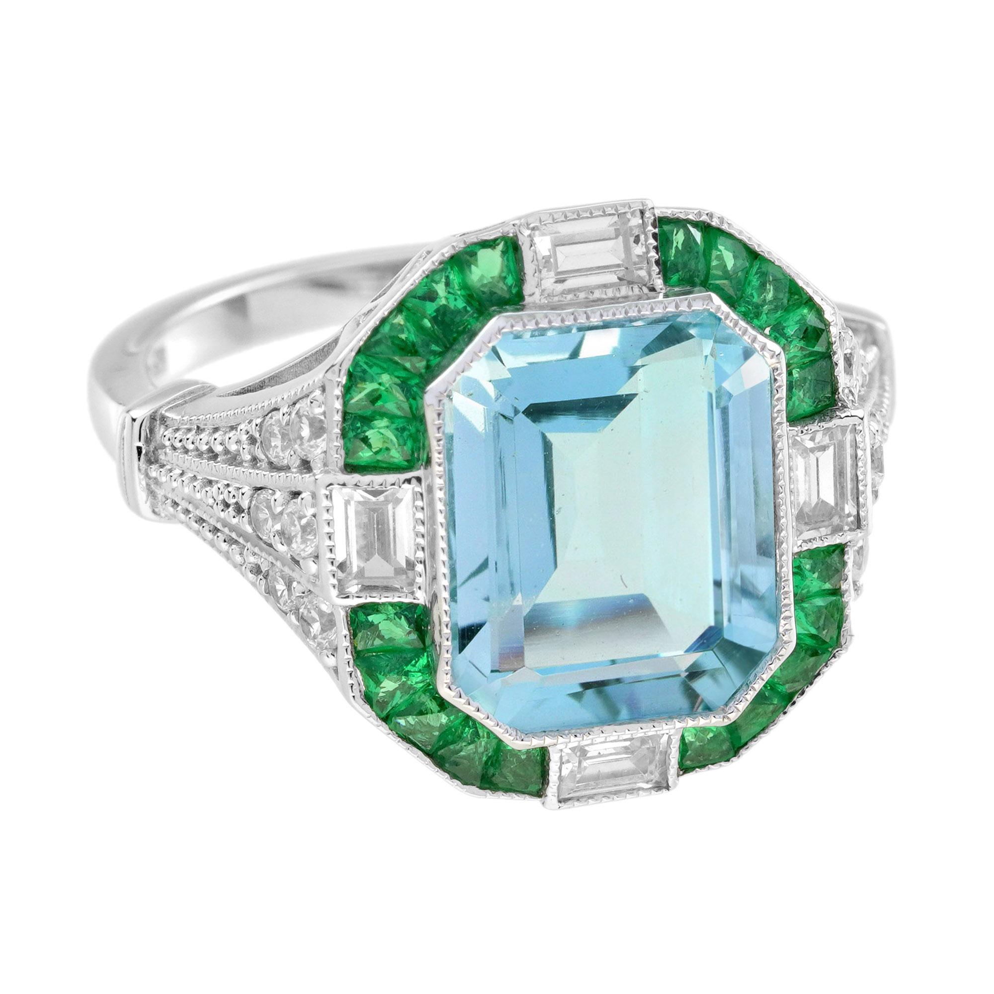 Bague de style Art déco en or blanc 18 carats, aigue-marine, émeraude et diamant en vente 1