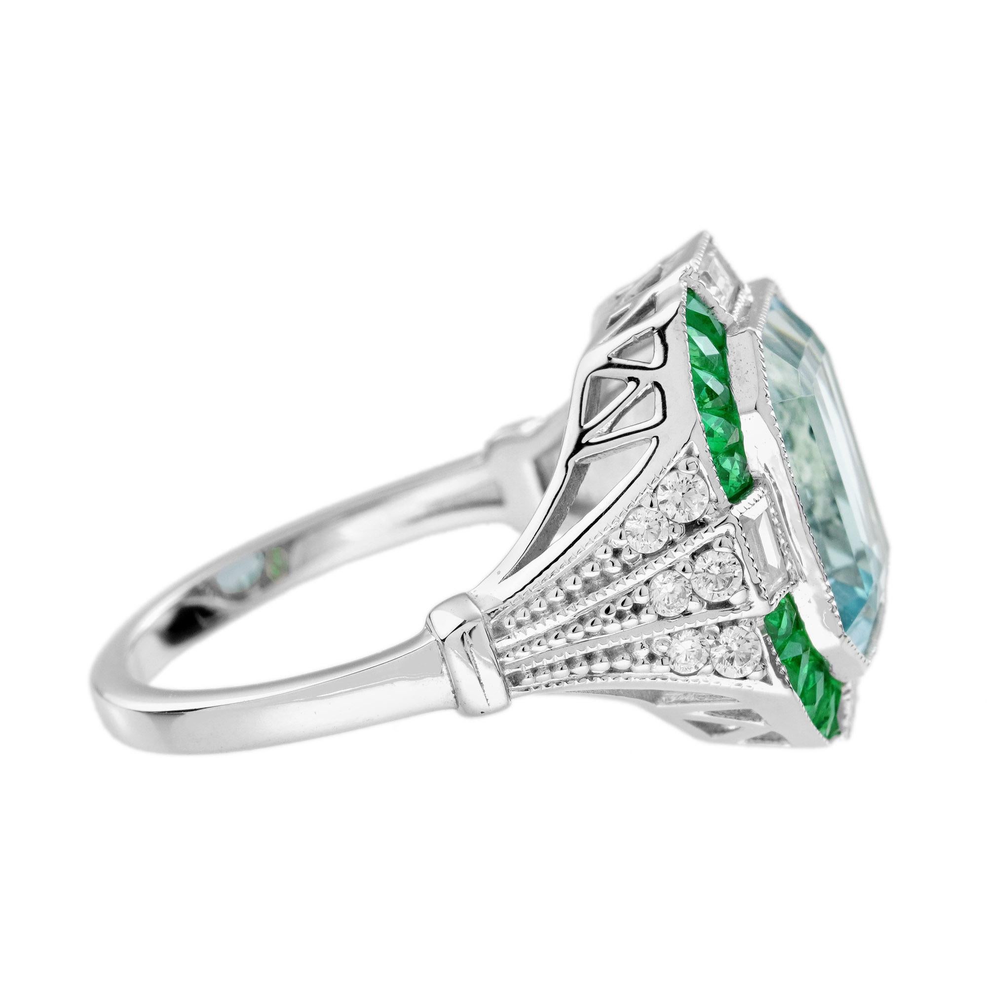 Bague de style Art déco en or blanc 18 carats, aigue-marine, émeraude et diamant en vente 2