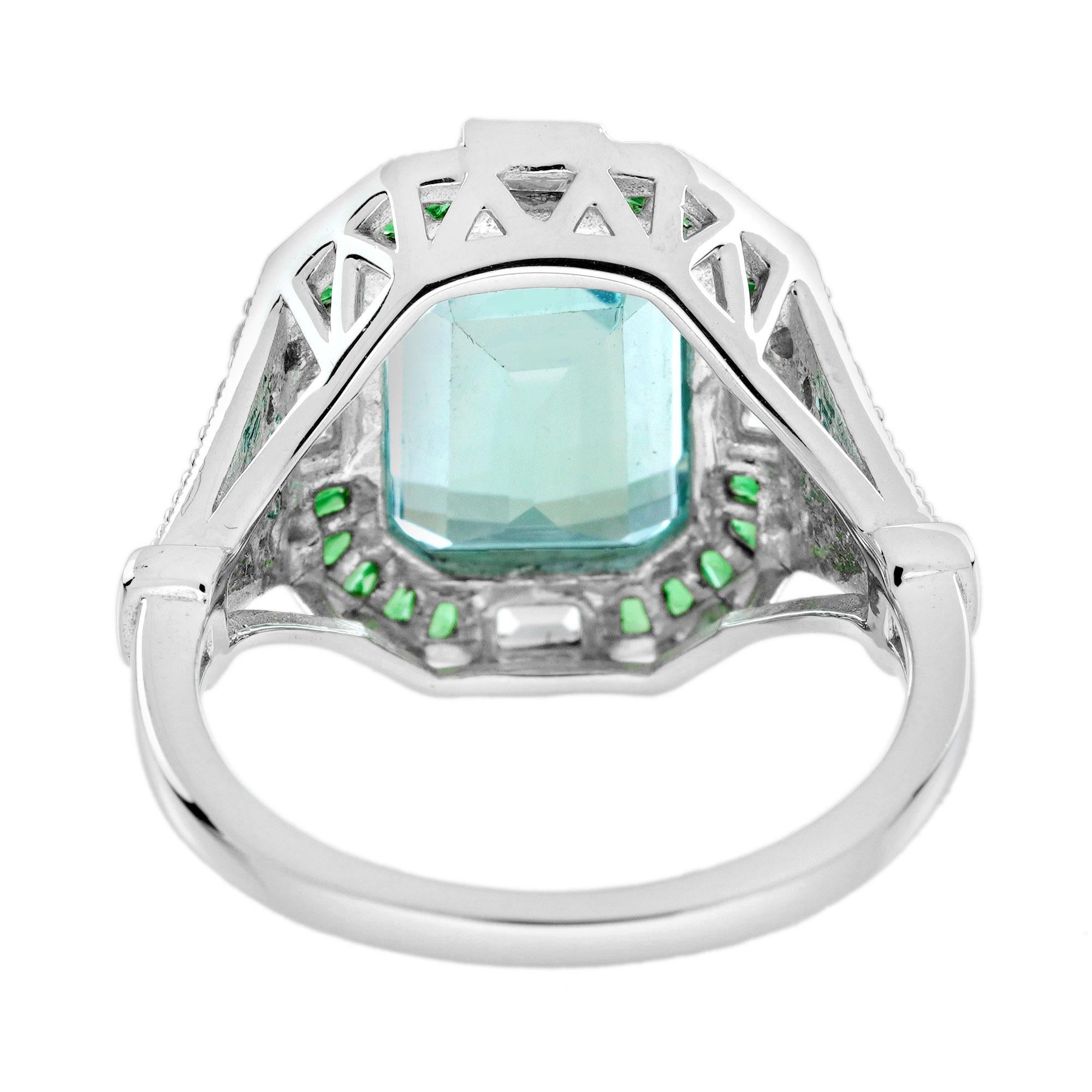 Bague de style Art déco en or blanc 18 carats, aigue-marine, émeraude et diamant en vente 3